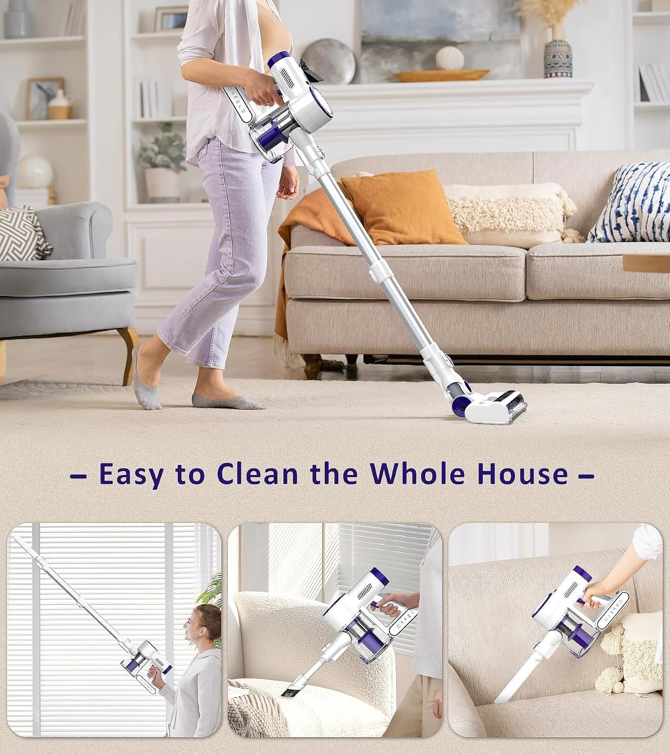 Cordless Vacuum Cleaner 20000Pa Powerful Suction Stick Lightweight 30Mins Runtim
