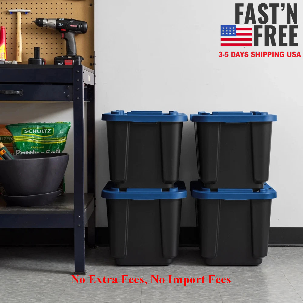 IRIS USA 12 Gal, Stackable Storage Totes, Plastic Bin with Lids, Black/Blue, 4PK