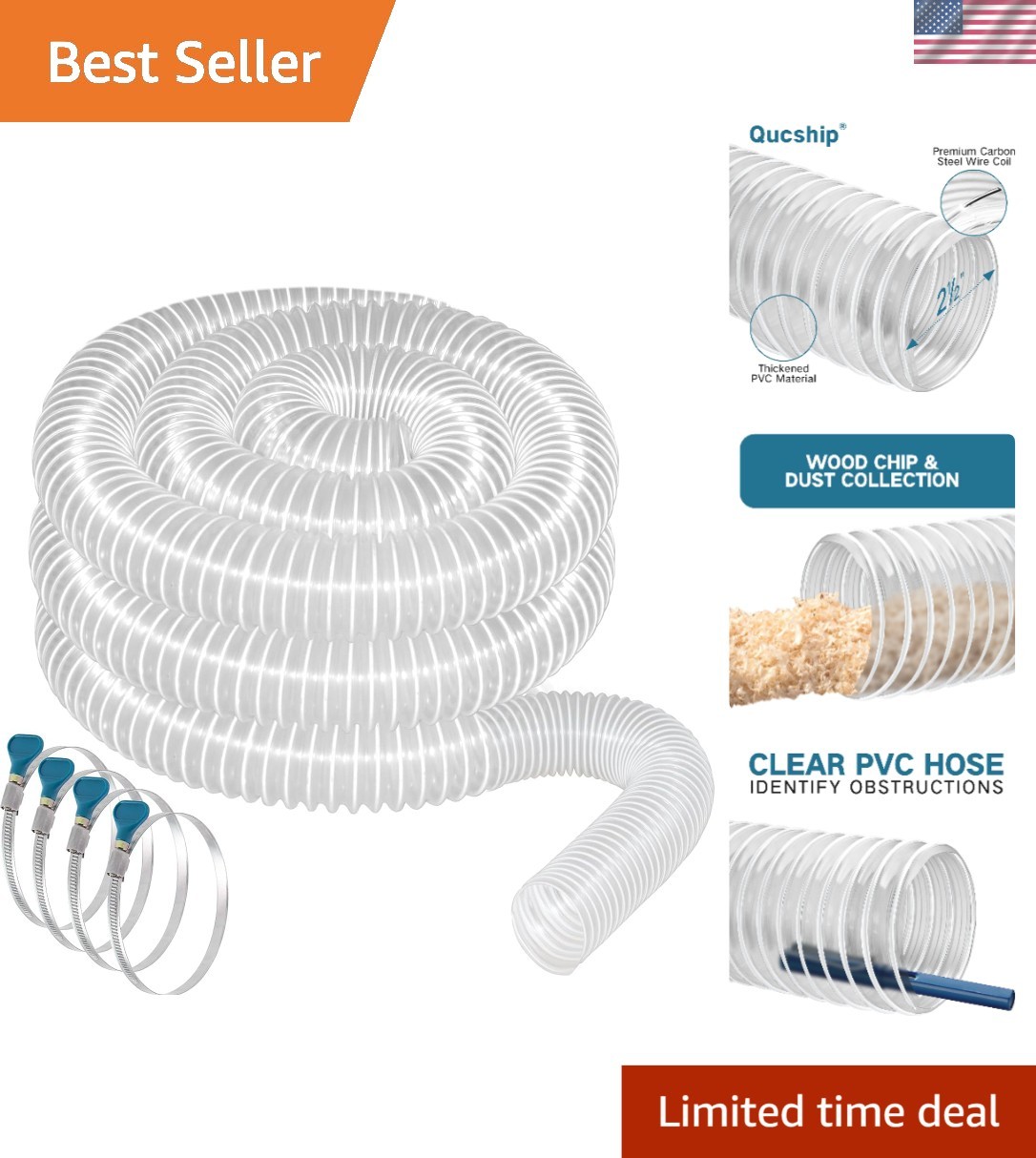 Puncture Resistant 20′ PVC Dust Collector Hose with Clear View & 4 Easy Clamps