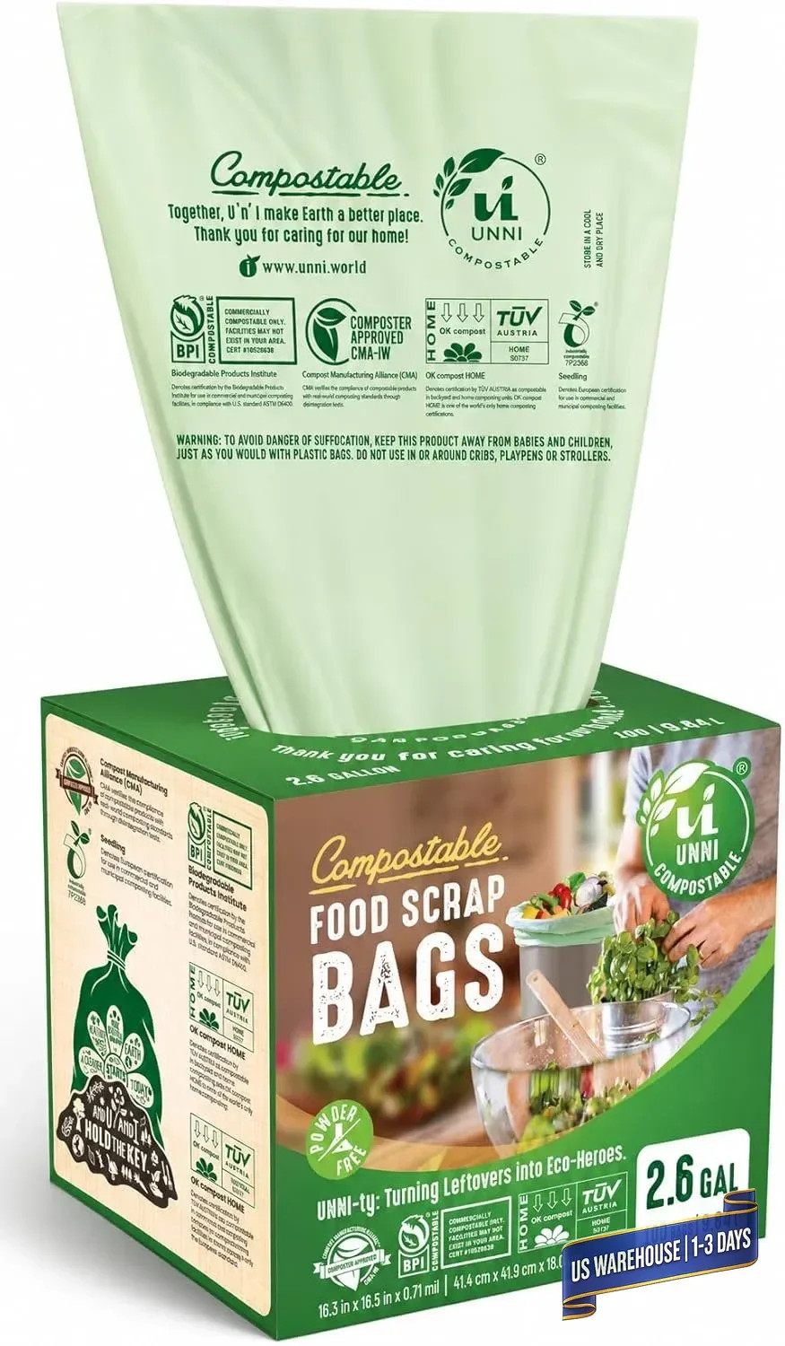 Compostable Trash Bags, 2.6 Gallon / 9.84 Liter, 100 Count, Extra Thick 0.7