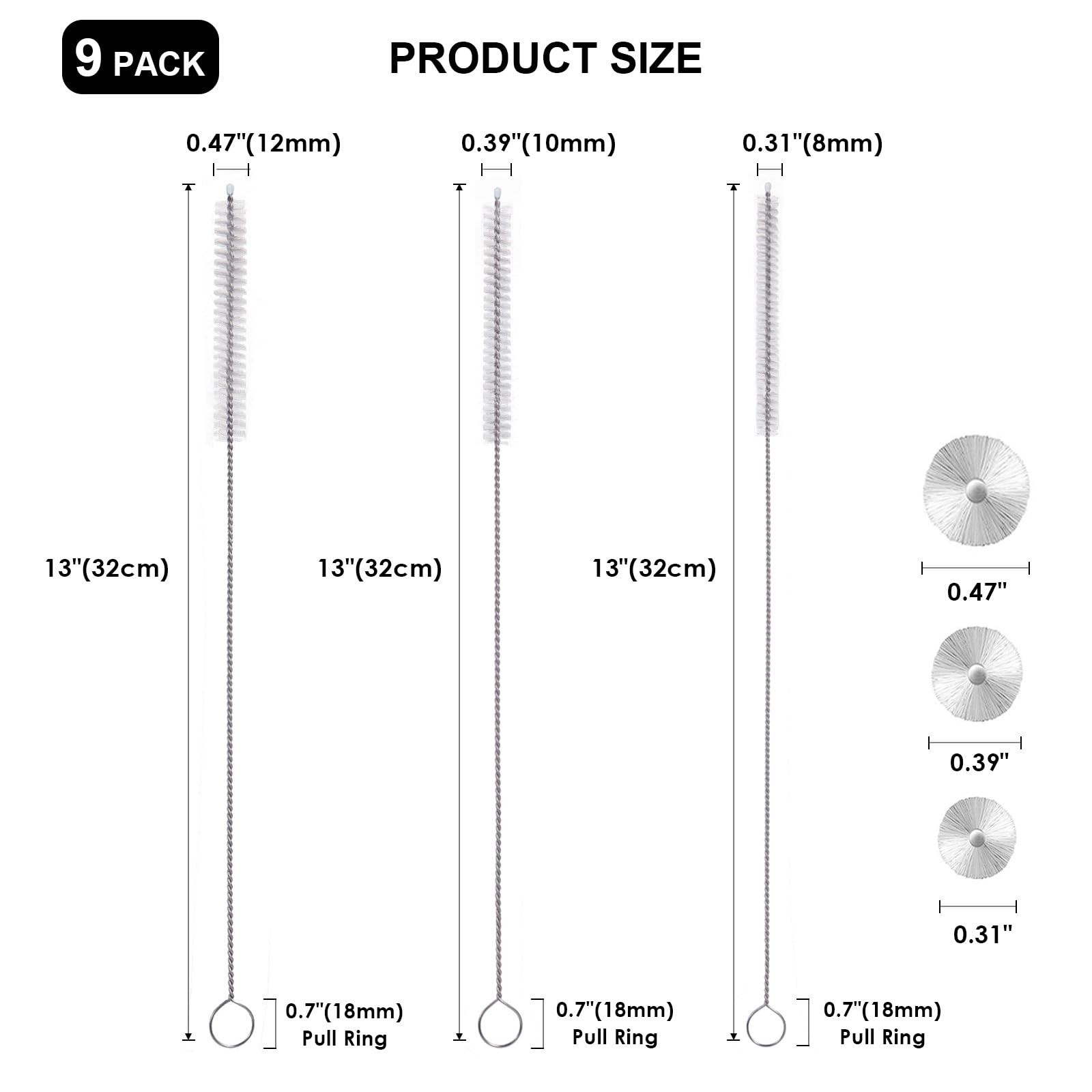 13in Straw Cleaner Brush, Extra Long, Bristles 13 INCHES, White/12+10+8mm