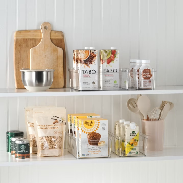 Medium Clear Plastic Pantry Storage Organizer Bin with Handles, 12 in x 6 in x
