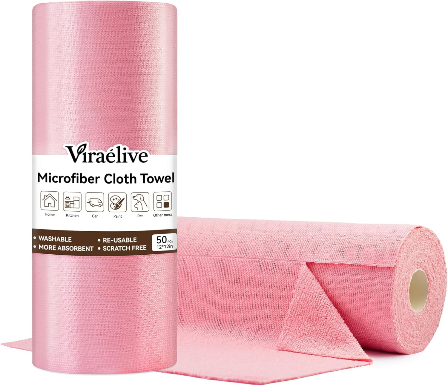 Viraelive Microfiber Cleaning Cloth Roll, 50 Pack, Pink Wave, 12″x12″ | Super…