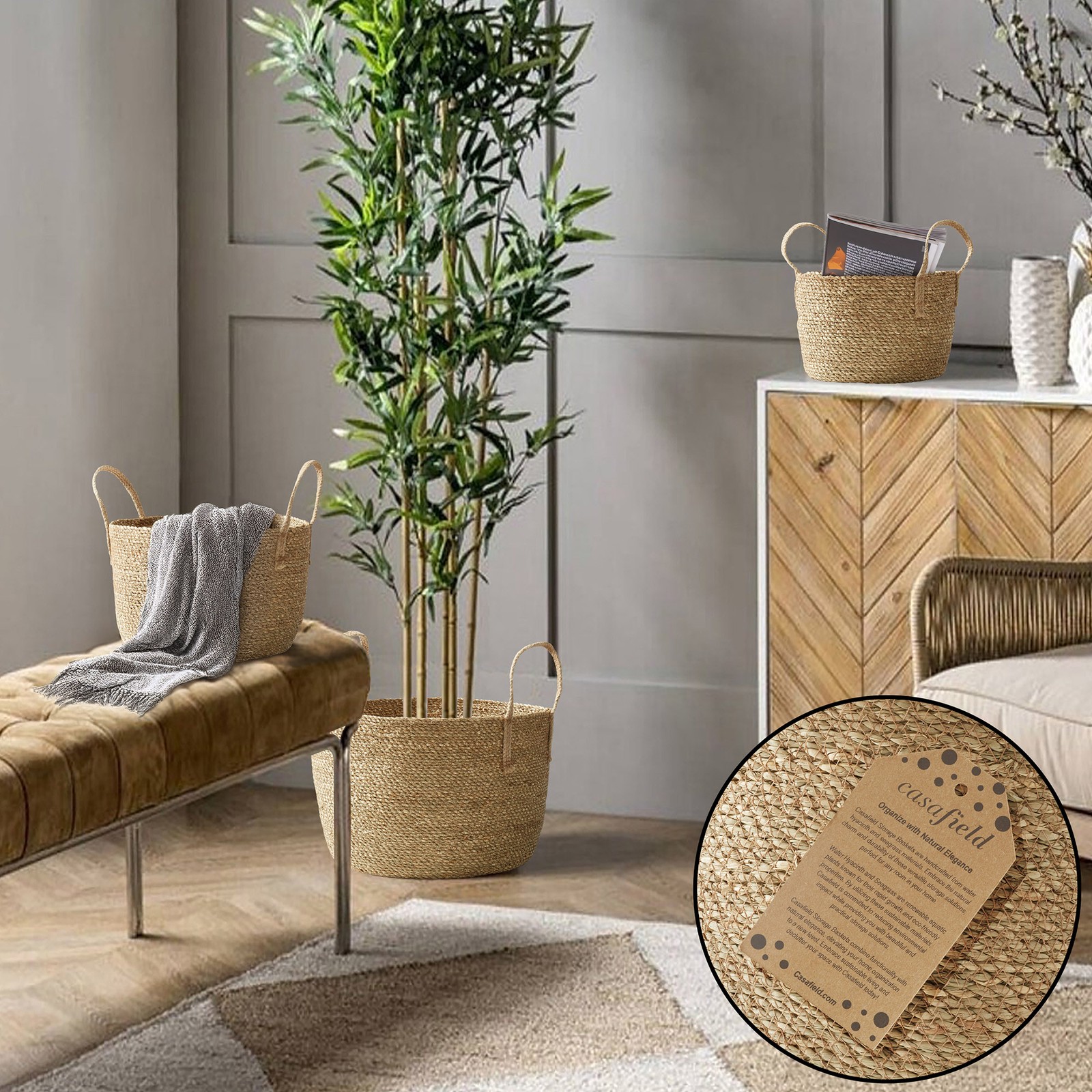 3pc Seagrass Basket Planters w Jute Handles, Boho Woven Storage Bin Plant Covers