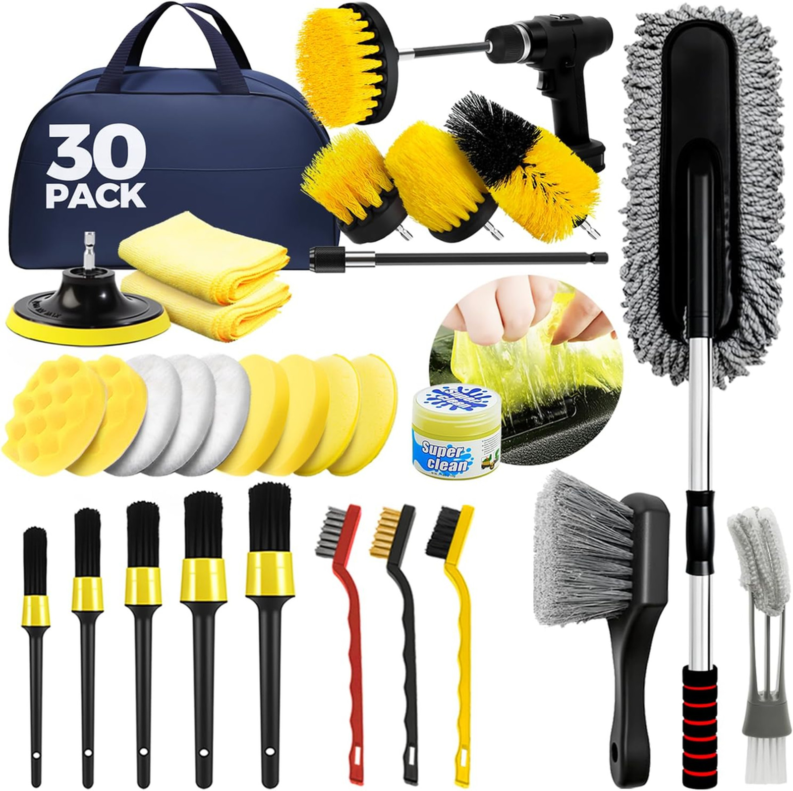 Car Detailing Brushes Microfiber Car Wash Kit Extendable Handle Interior