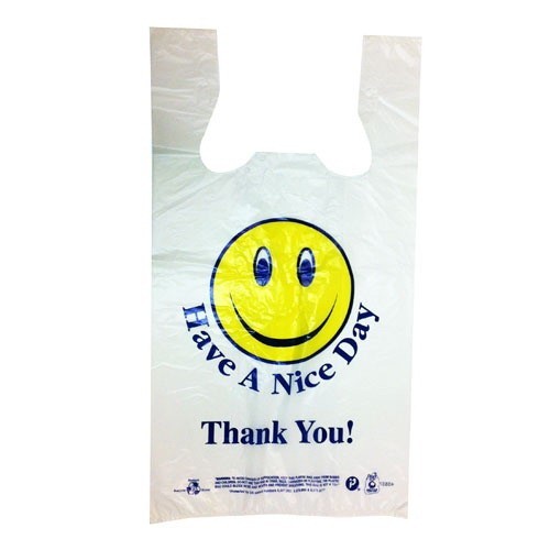 Primepak Smiley Face Plastic Grocery Tote Bag White, 1/6 BBL | 500/Case
