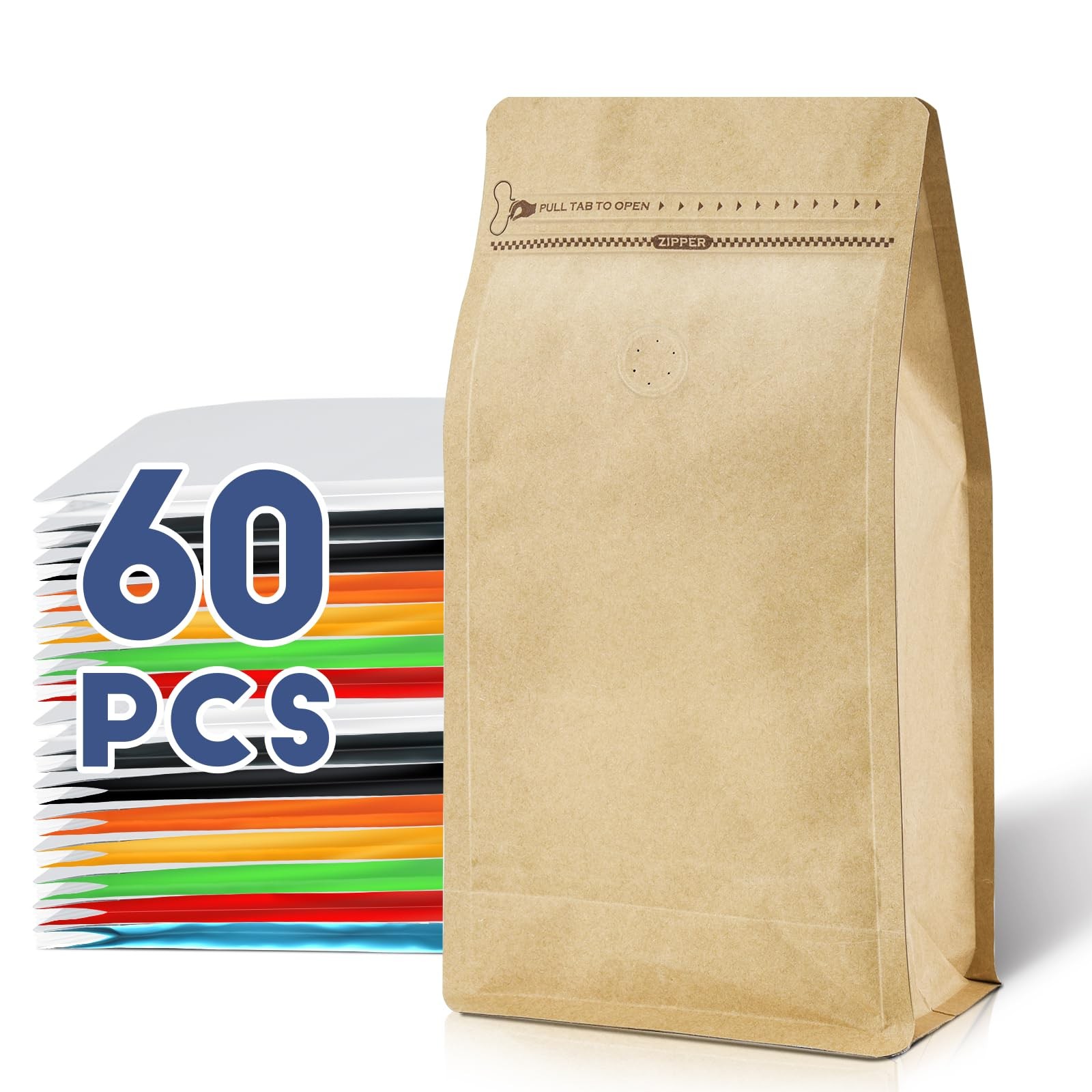 Coffee Bags with Valve(60pcs,16oz,1 lb) Vented Beans 16oz, kraft paper