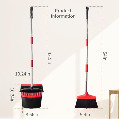 Broom with Dustpan Combo Set 54″ Long Handle Adjustable Length Black and Red