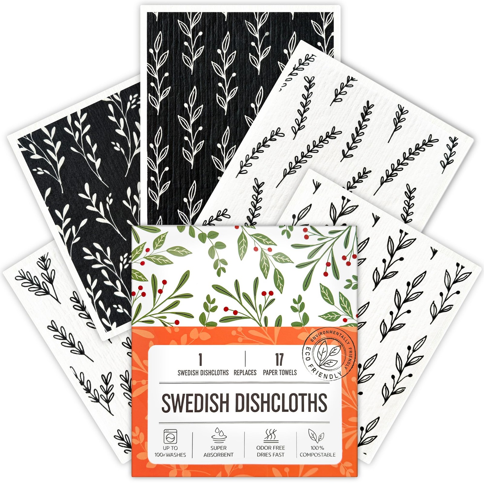 Augine Swedish Dishcloths for 5 Count (Pack of 1), 5 Count- Black and White