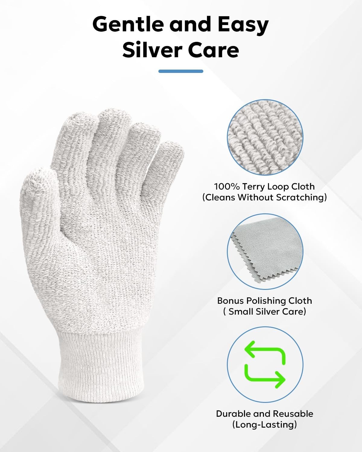 EvridWear Sterling Silver Polishing Cleaning Gloves with Terry Loop Cloth