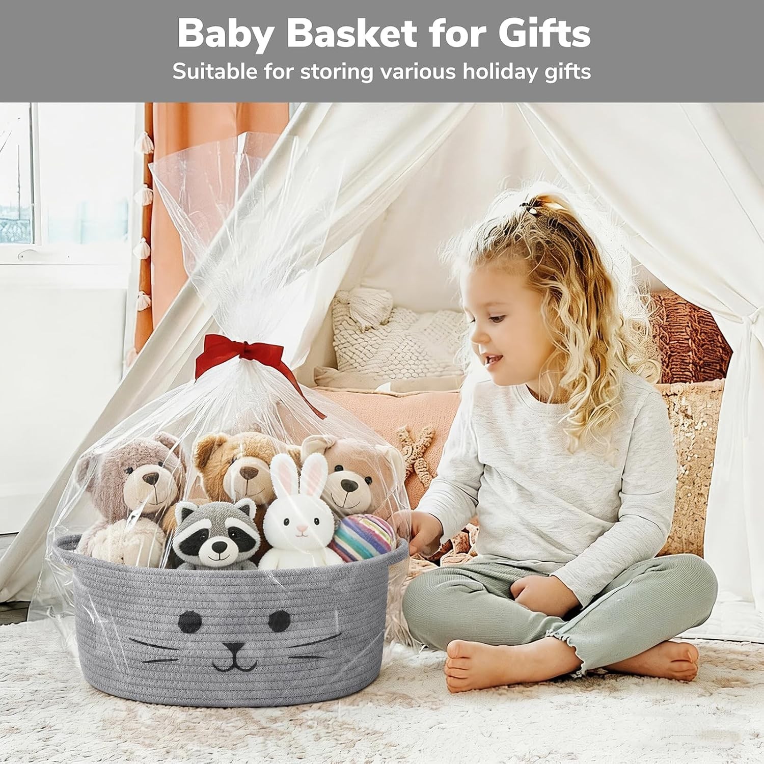 Multi-Purpose Cat Toy Storage Basket – Grey, 13.8″ x 6″ for Home & Nursery