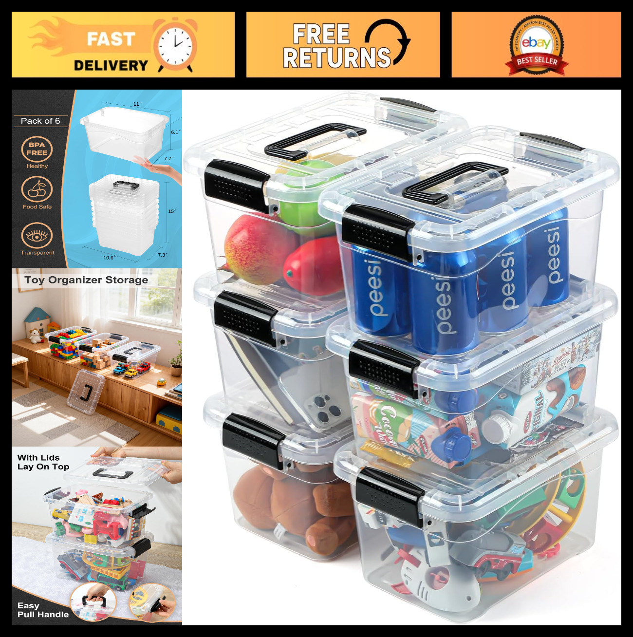 6-Pack Stackable Plastic Storage Bins with Lids, 7 Quart Organizers for Home & O