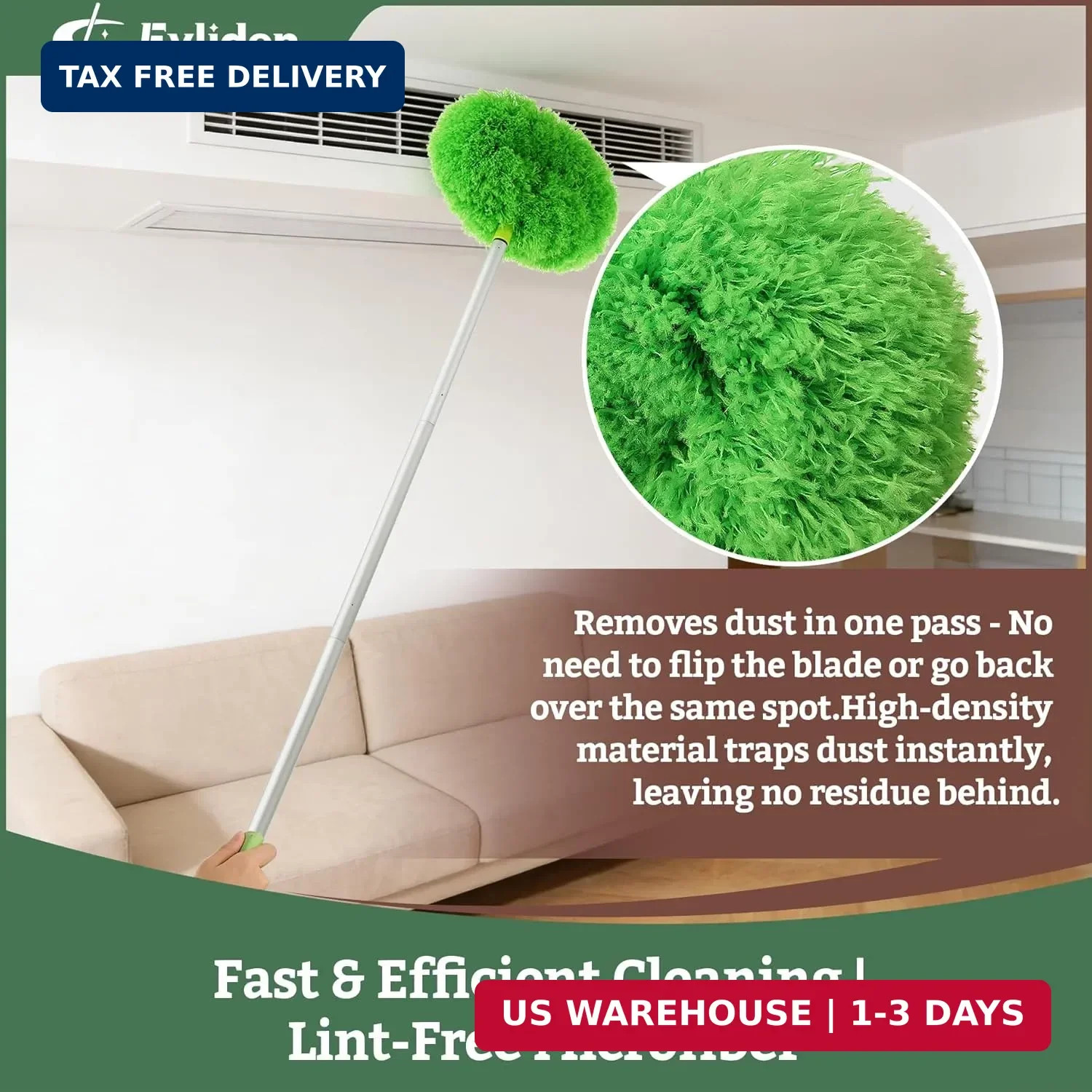 Eyliden 68″ Adjustable Ceiling Fan Duster – 360° Dual-Sided Microfiber | 0.75 lb