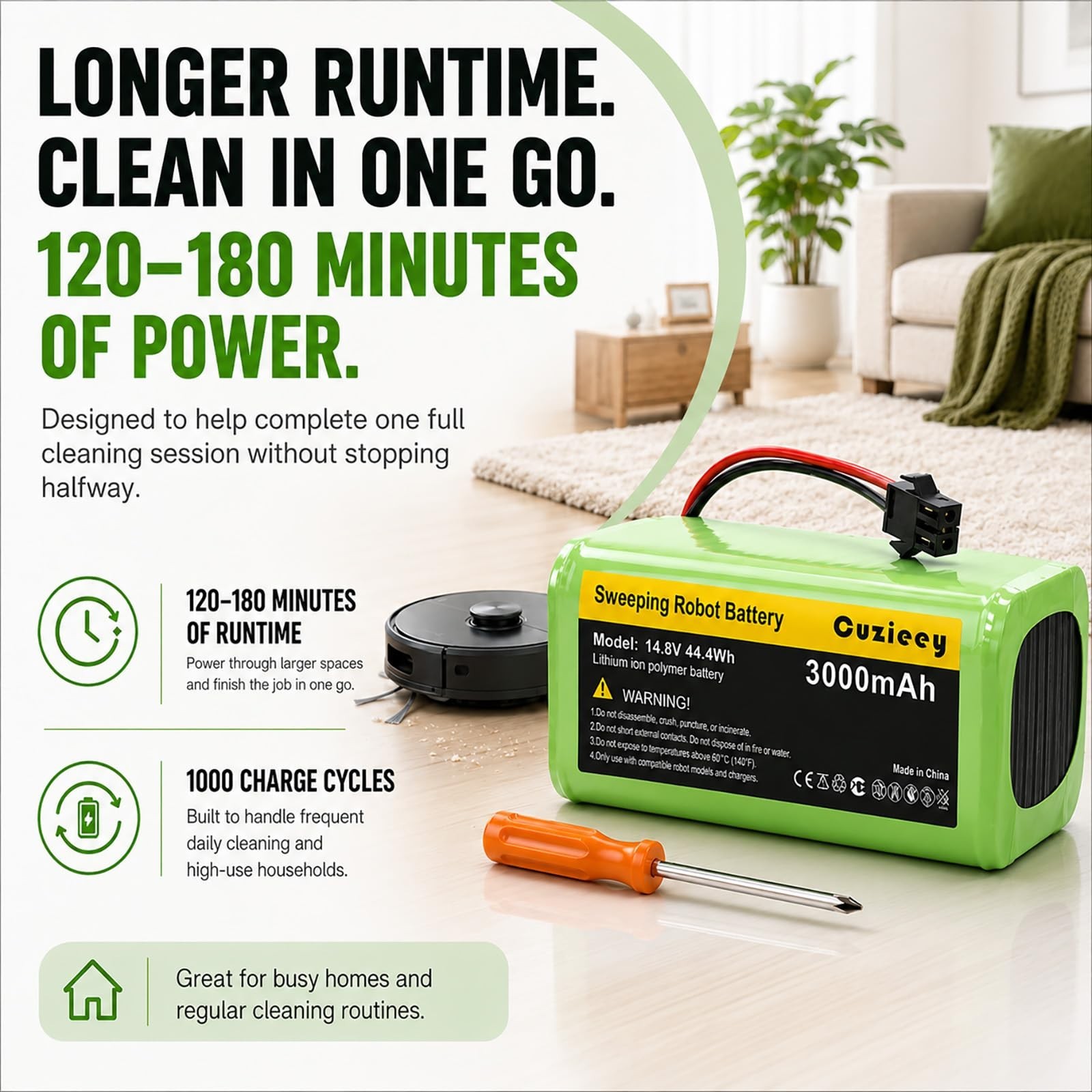Replacement Battery for Robot Vacuums – 3000mAh, 120-180 Min Runtime, Compatible