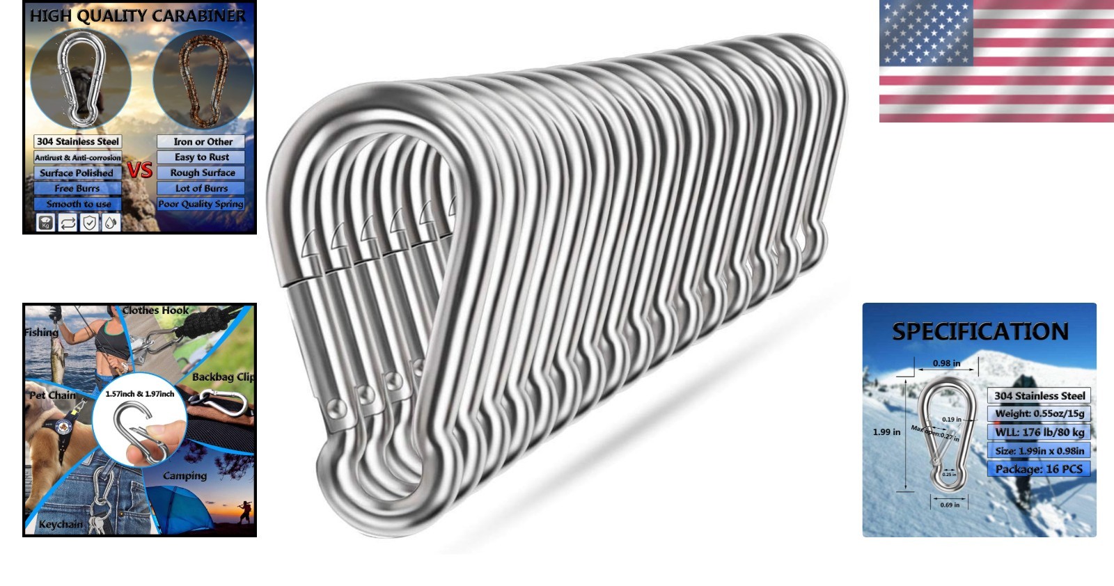 16-Pack Heavy Duty 304 Stainless Steel Spring Snap Hooks – Secure Outdoor Gear