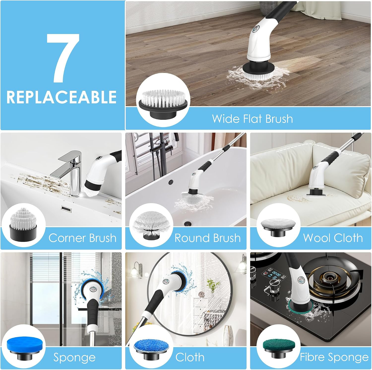 Electric Spin Scrubber, Cordless Cleaning Brush with 180 Min Runtime, 3-Speed, 7