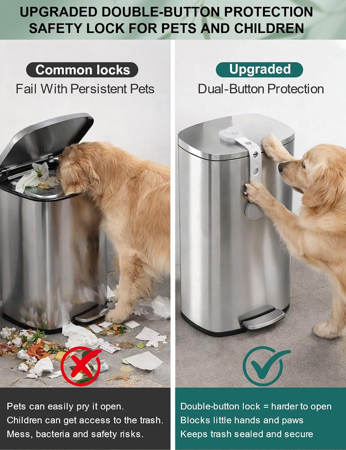 Gray Trash Can Lock Strap 2 Pack – Dual Button Child Proof Garbage Can Lid Lock