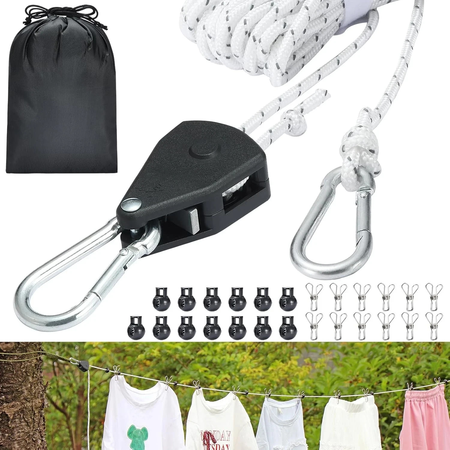 Retractable Travel Clothesline, 19FT Adjustable Heavy-Duty Line with Black