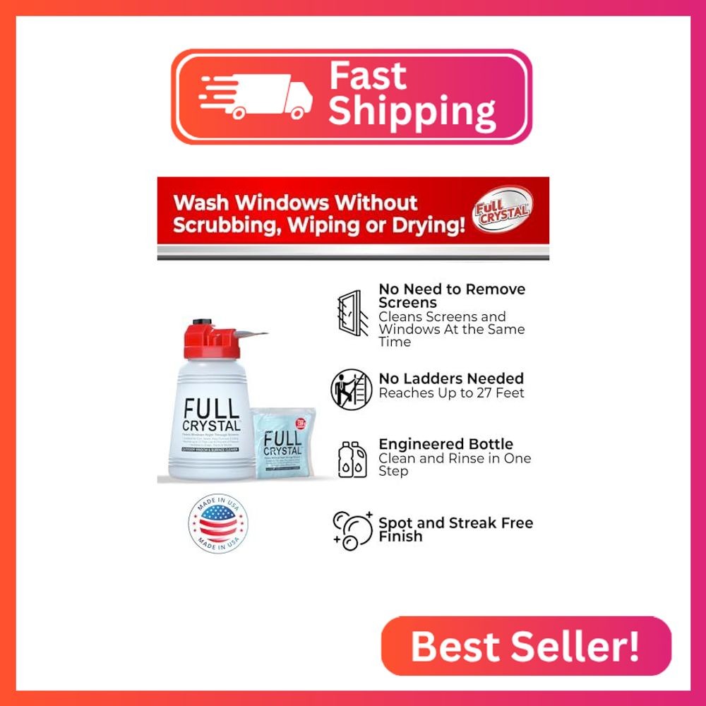 Full Crystal Window Cleaning Kit – 4 oz Glass Cleaner and Bottle with 27 ft Reac