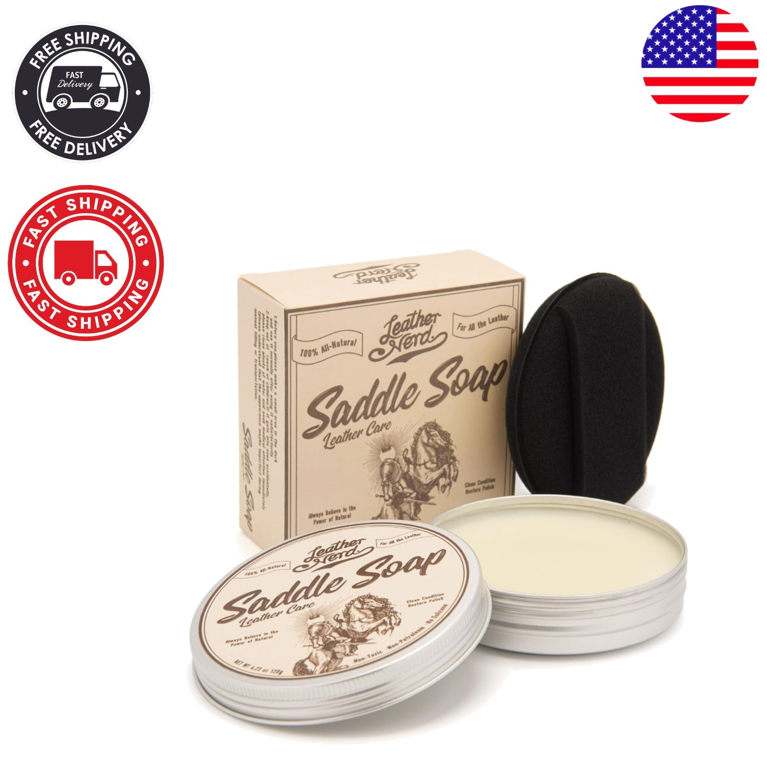 All-Natural Saddle Soap for Leather – Deep Clean & Condition 4.23 Oz with Sponge