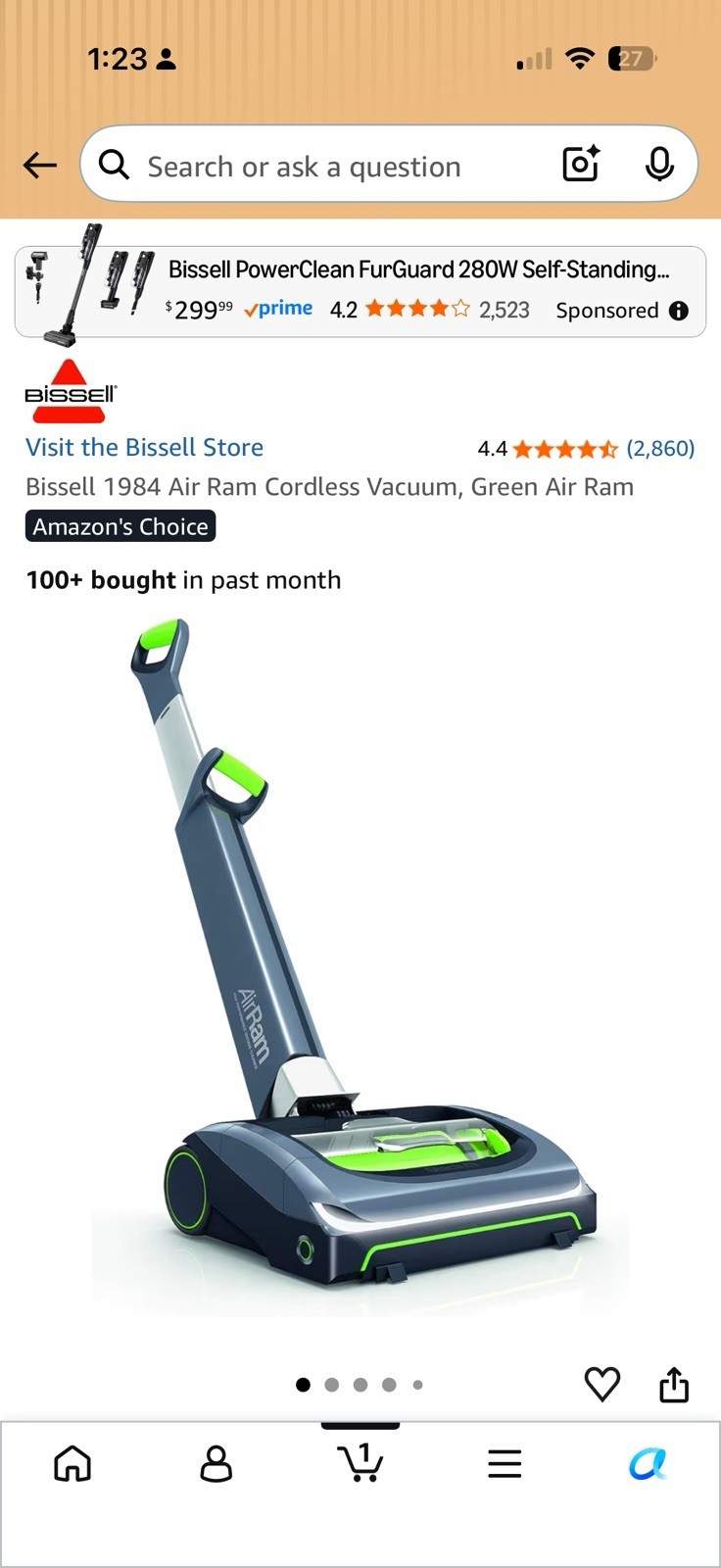 BISSELL 1984 Air Ram 22V Cordless Stick Vacuum Bagless w/Head Light Charger