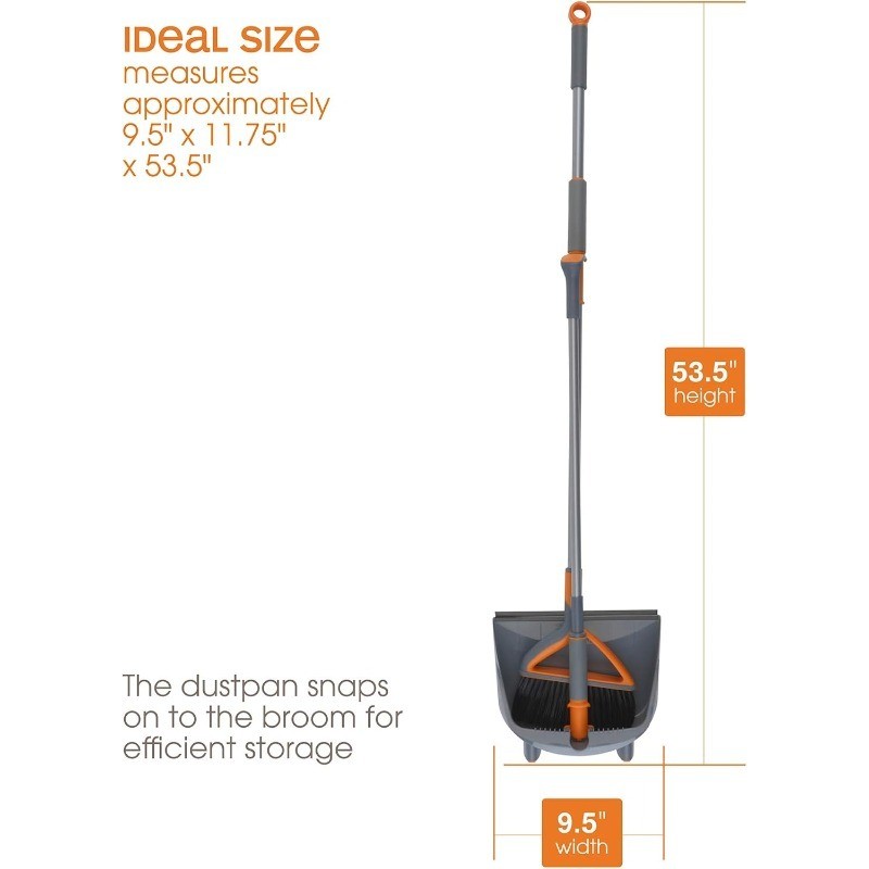 Casabella Quick ‘n Easy Upright Broom and Dustpan Set, Gray/Orange