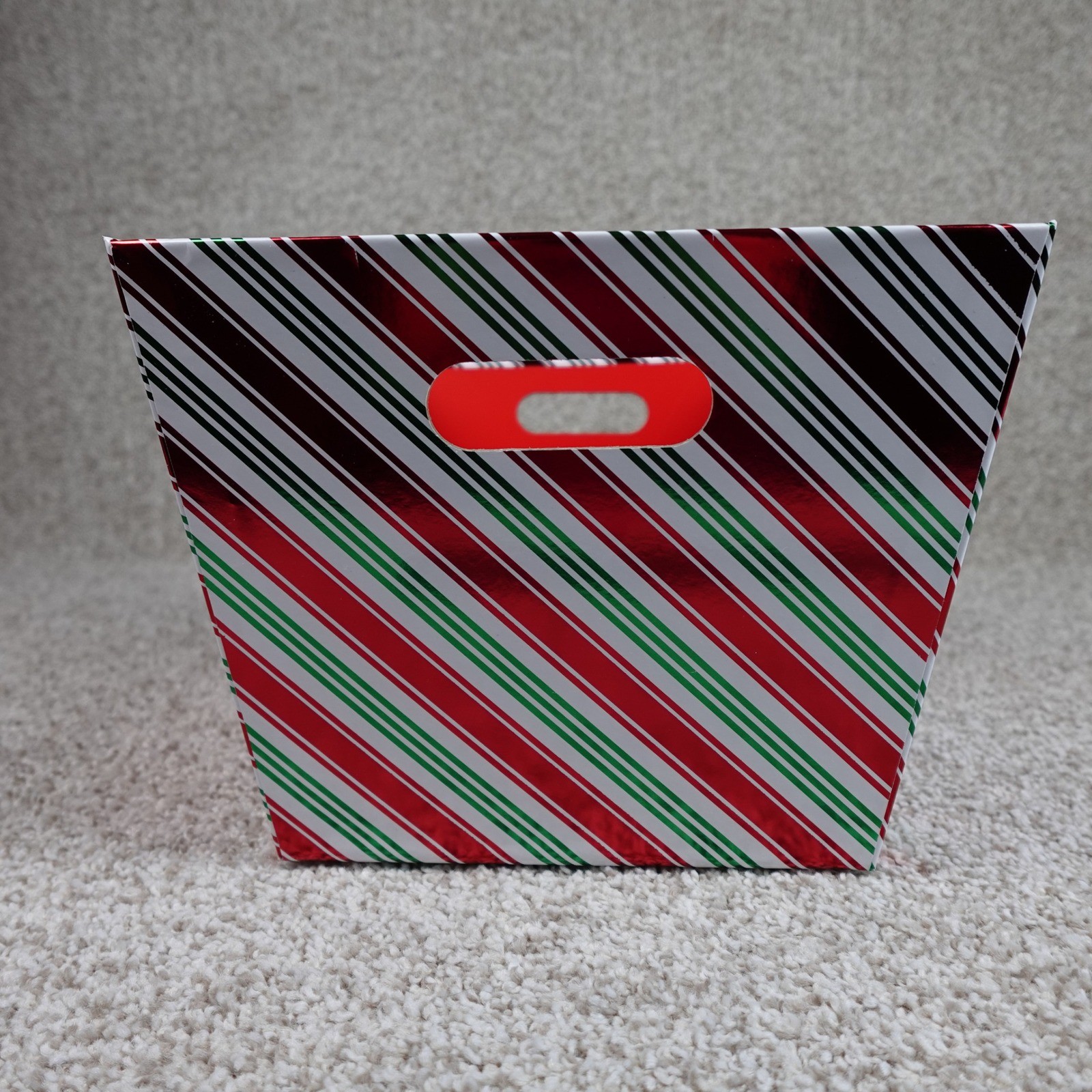 Holiday Christmas Candy Cane Striped Storage Bin Red Green White Foil Basket