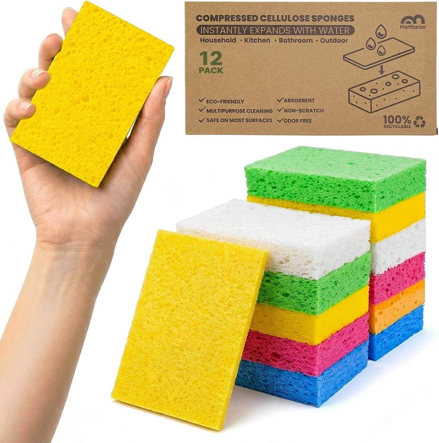Compressed Kitchen Sponges, 12 Count, Thick Non-Scratch Cellulose Dish