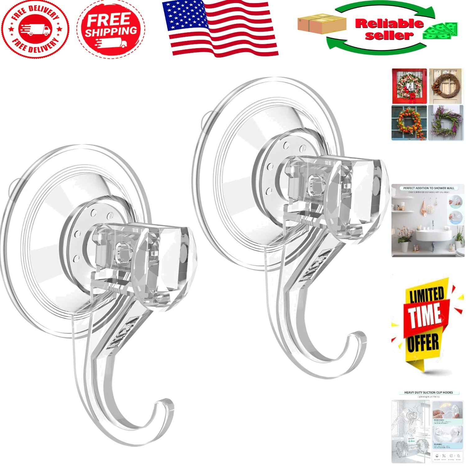 Minimalist Clear Suction Cup Hooks, Removable & Reusable – 2 Pcs, 6.6 lbs Max