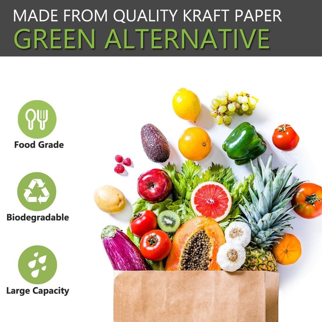Medium Sized Kraft Paper Grocery Bags, 12.9×5.5×9.8 inch, 12