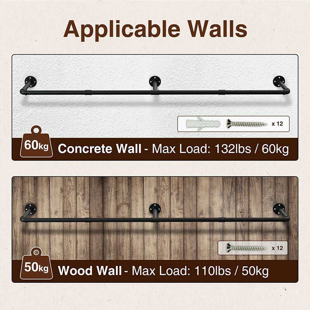 Clothes Rack Industrial Pipe Wall Mounted Garment Rack Hanging RodCloset Storage
