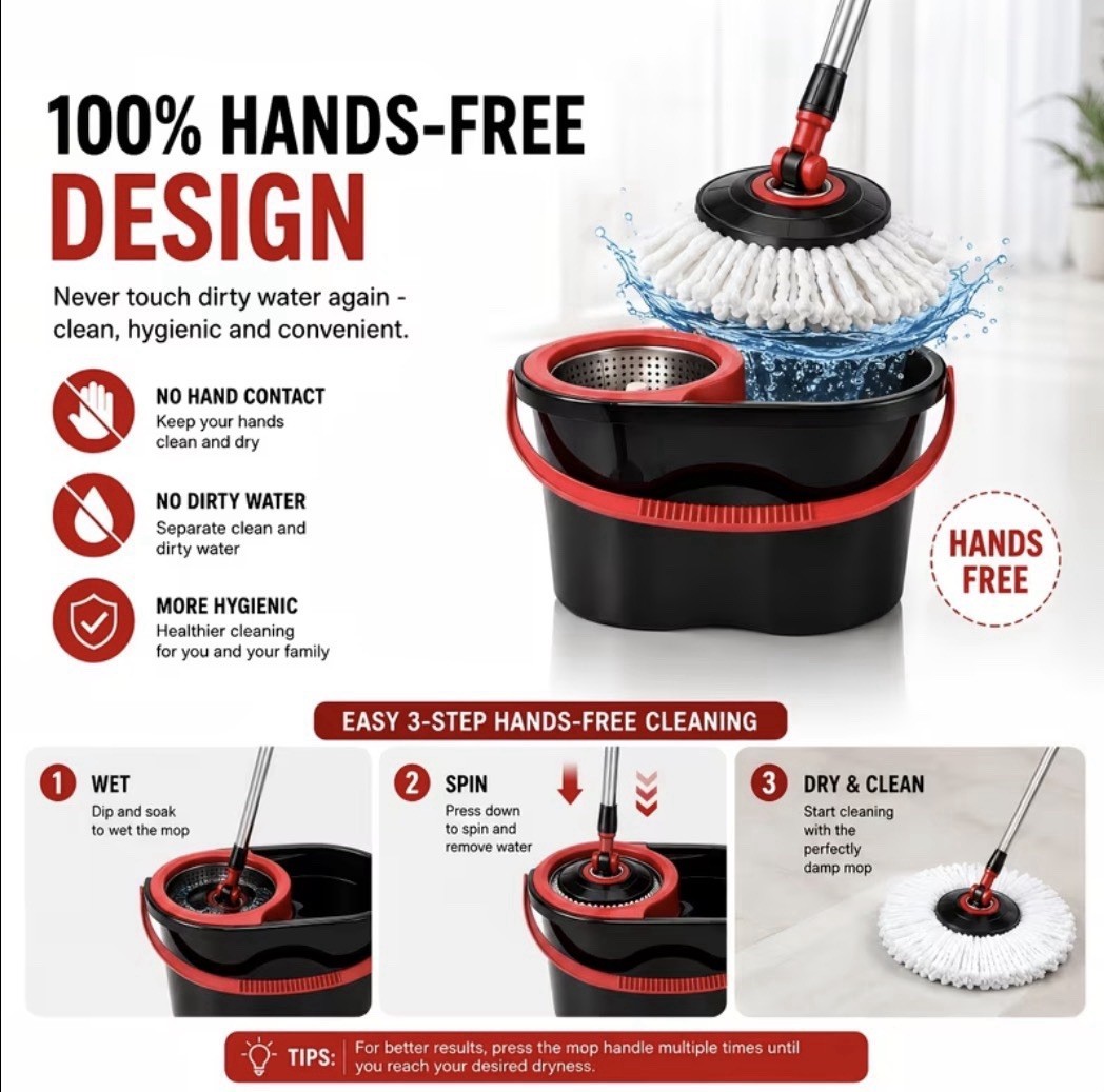360 Spin Mop Bucket System Hands Free Self Wringing w/ 3 Microfiber Mop Heads