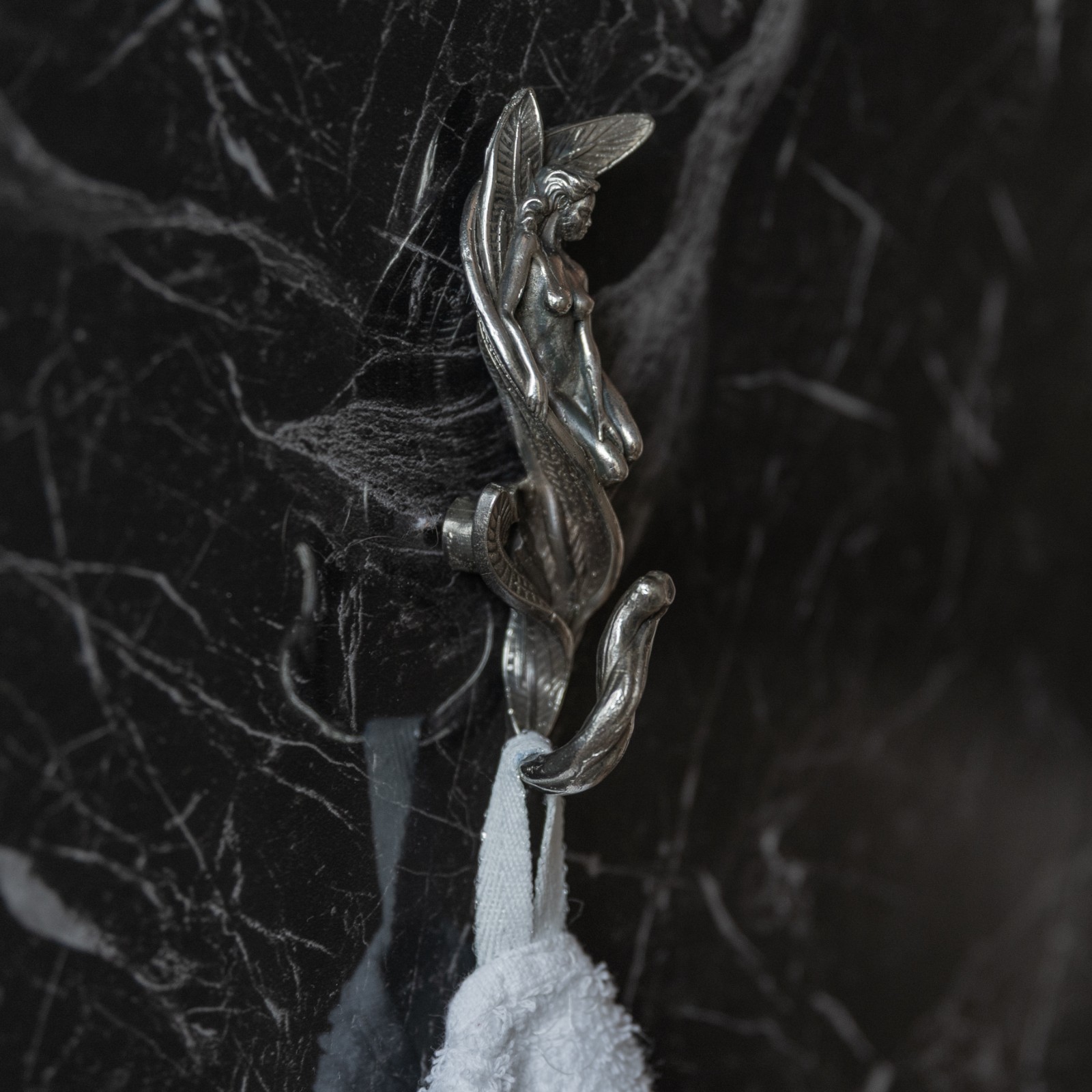 Fairy Wall Hook – Heavy Nickel Silver Art Nouveau Hanger–Fantasy Home Decor