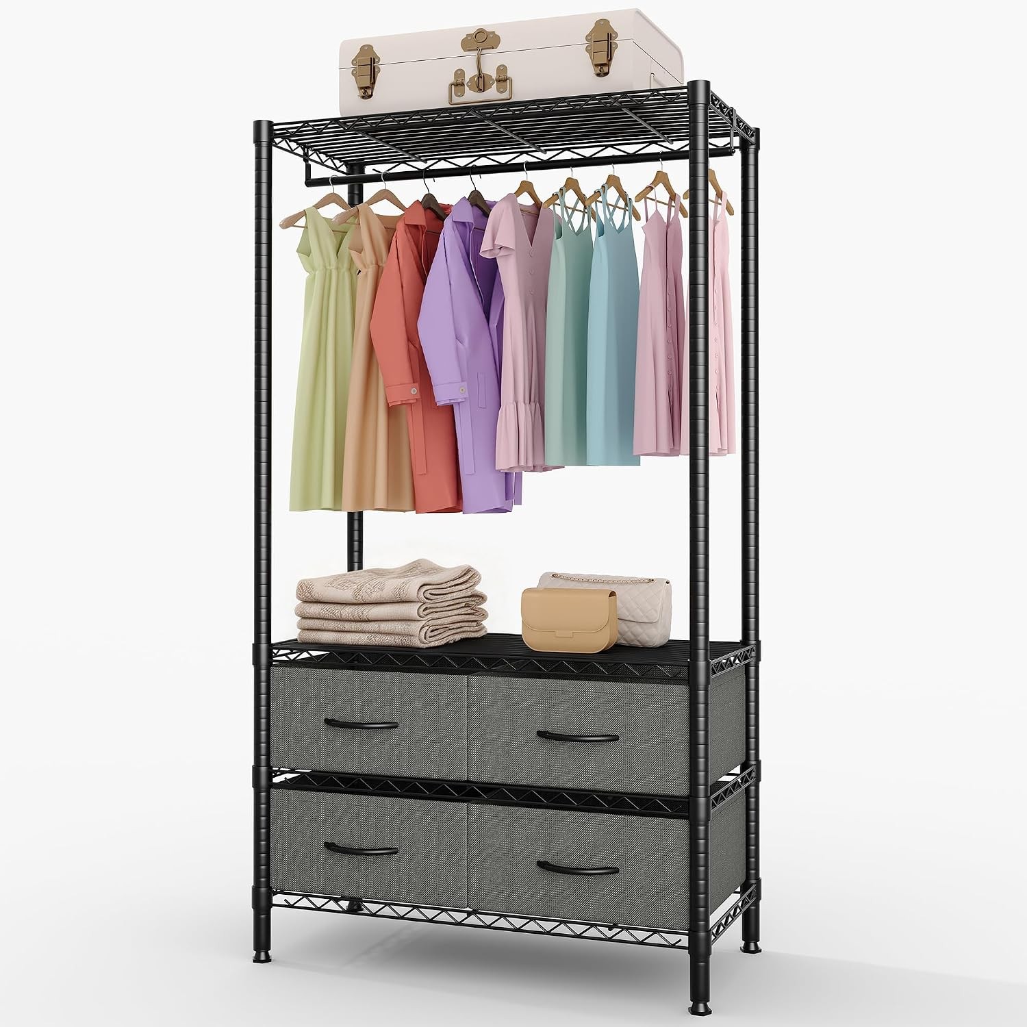 Wire Garment Rack Heavy-Duty Clothing Clothes Rack 4 Storage Drawer 1 Hang Rod