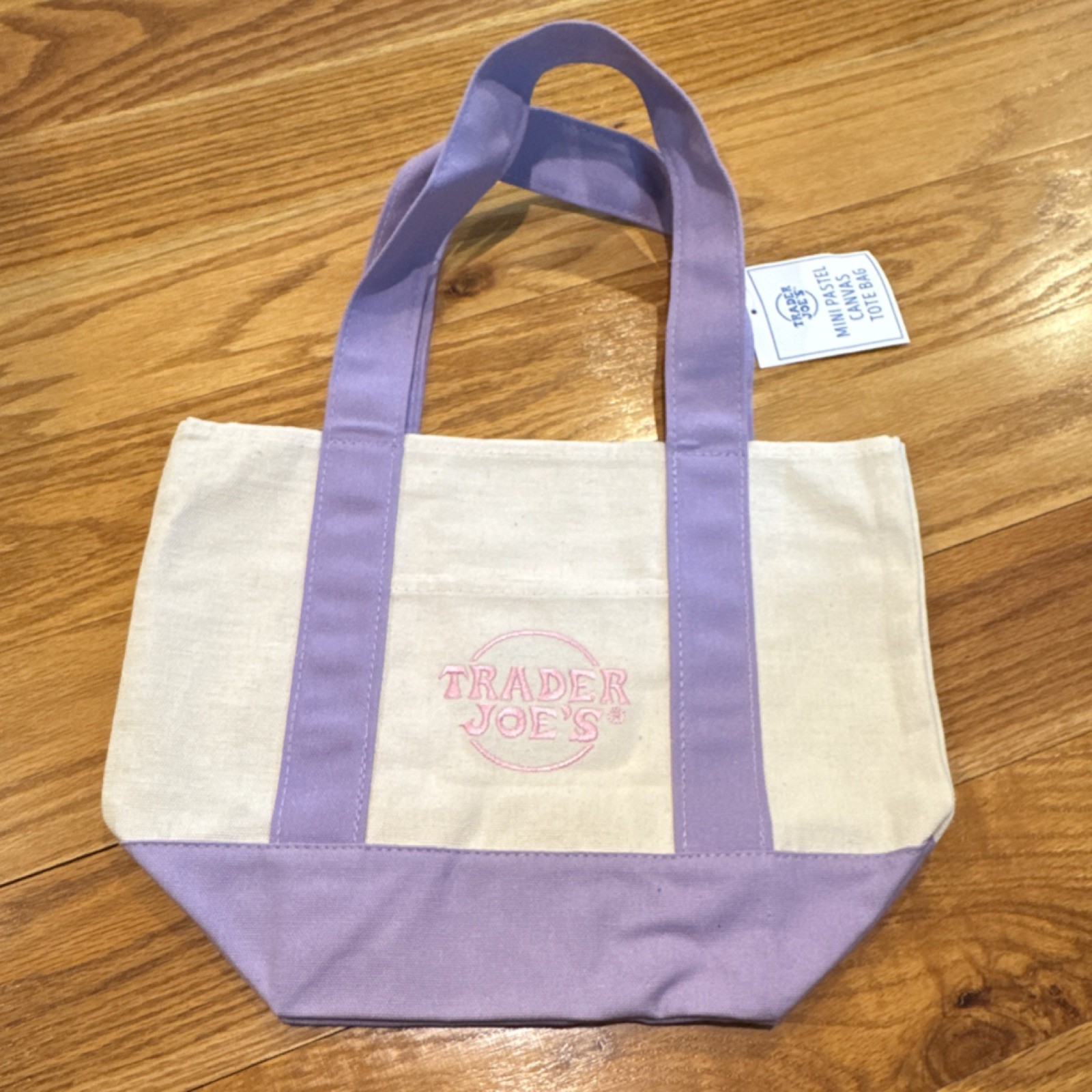 Trader Joe’s Mini Foldable Tote Bag Purple Beige Cotton Polyester 13x6x11 in