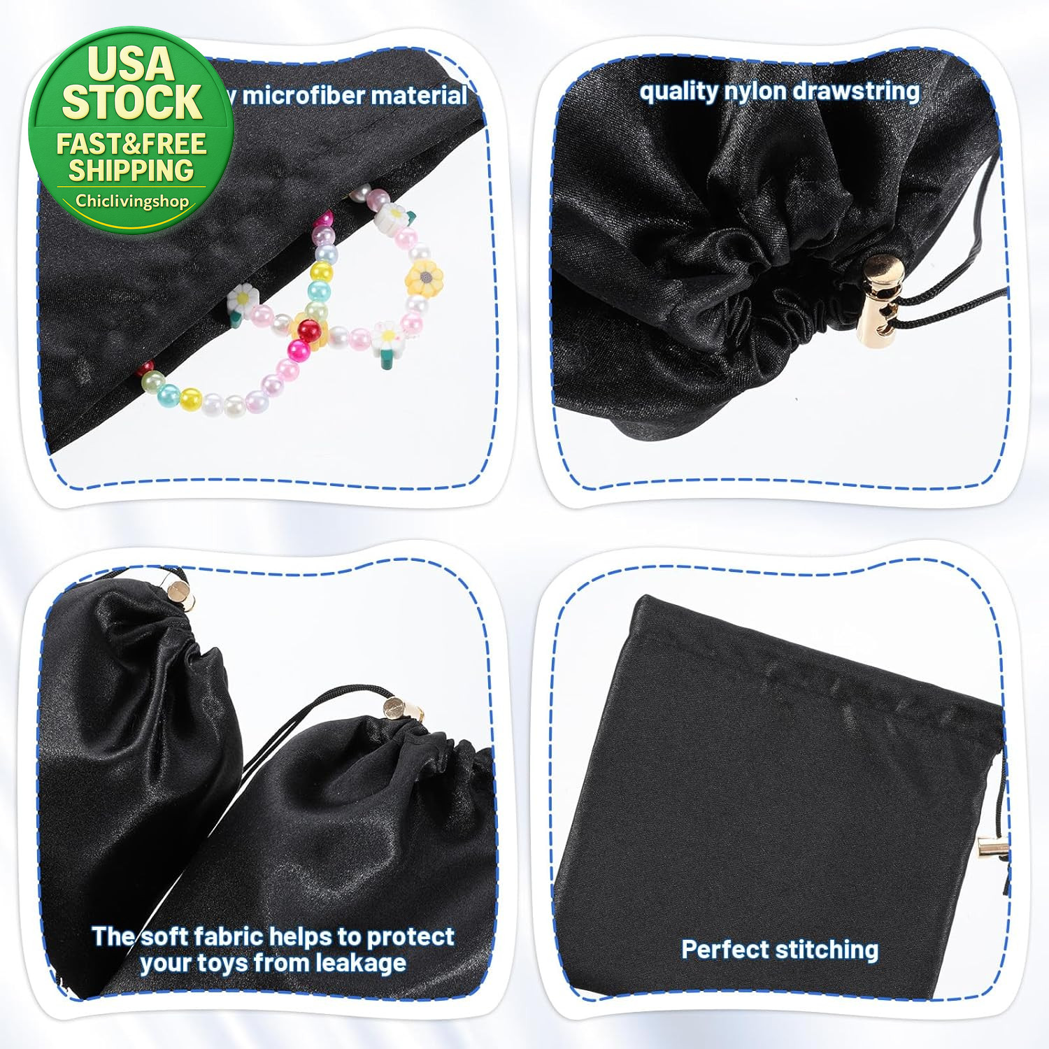 Toy Storage Bags Satin Silk Drawstring Pouch 6 Pcs Adjustable Microfiber Black