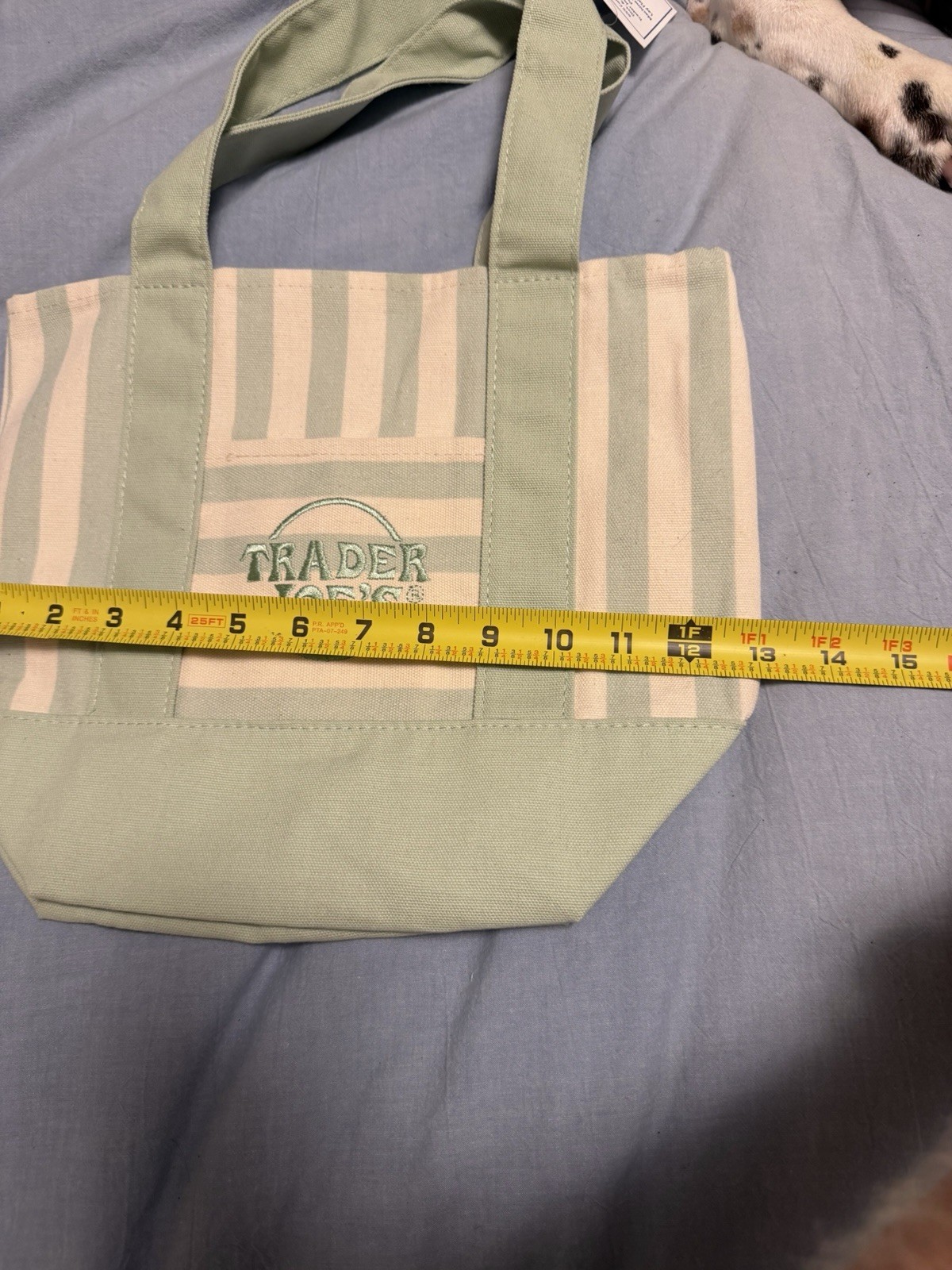 Trader Joe’s Cotton Polyester Reusable Tote Bag Green White Stripe 13x10x6 in