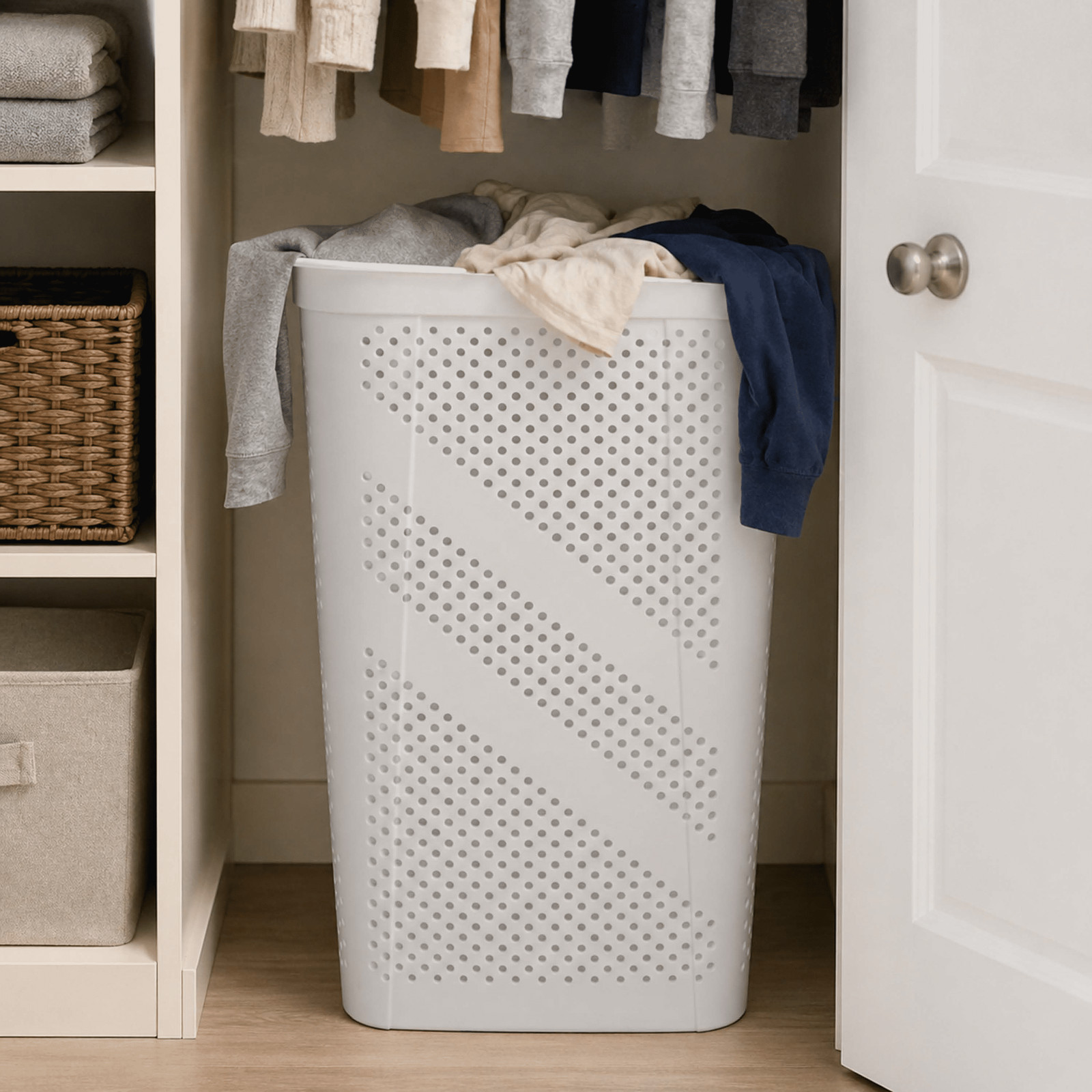 24″ Plastic Hinged-Lid Rectangle Laundry Hamper, White, Adult