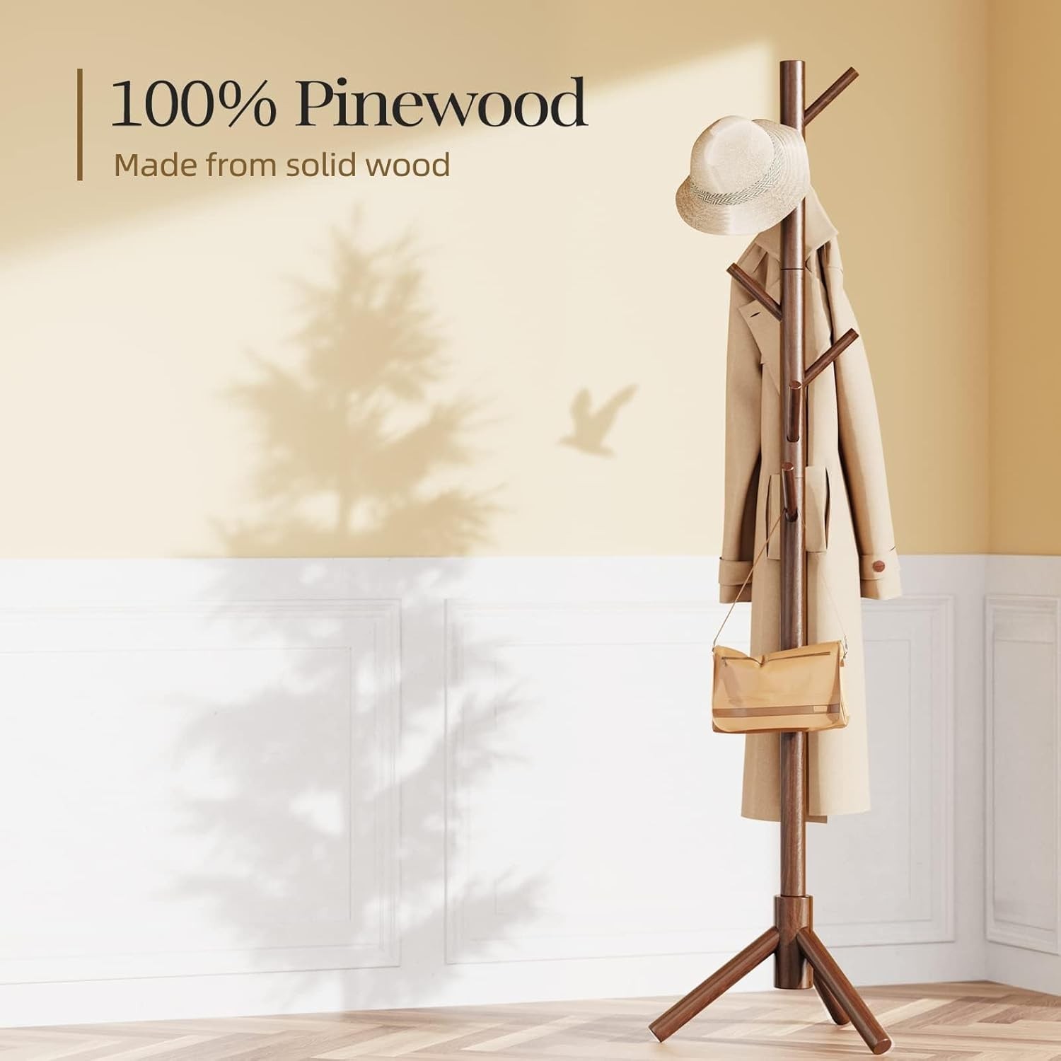 Sturdy Wooden Coat Tree with 8 Hooks, 3 Adjustable Sizes for Clothes, Hat Sta…