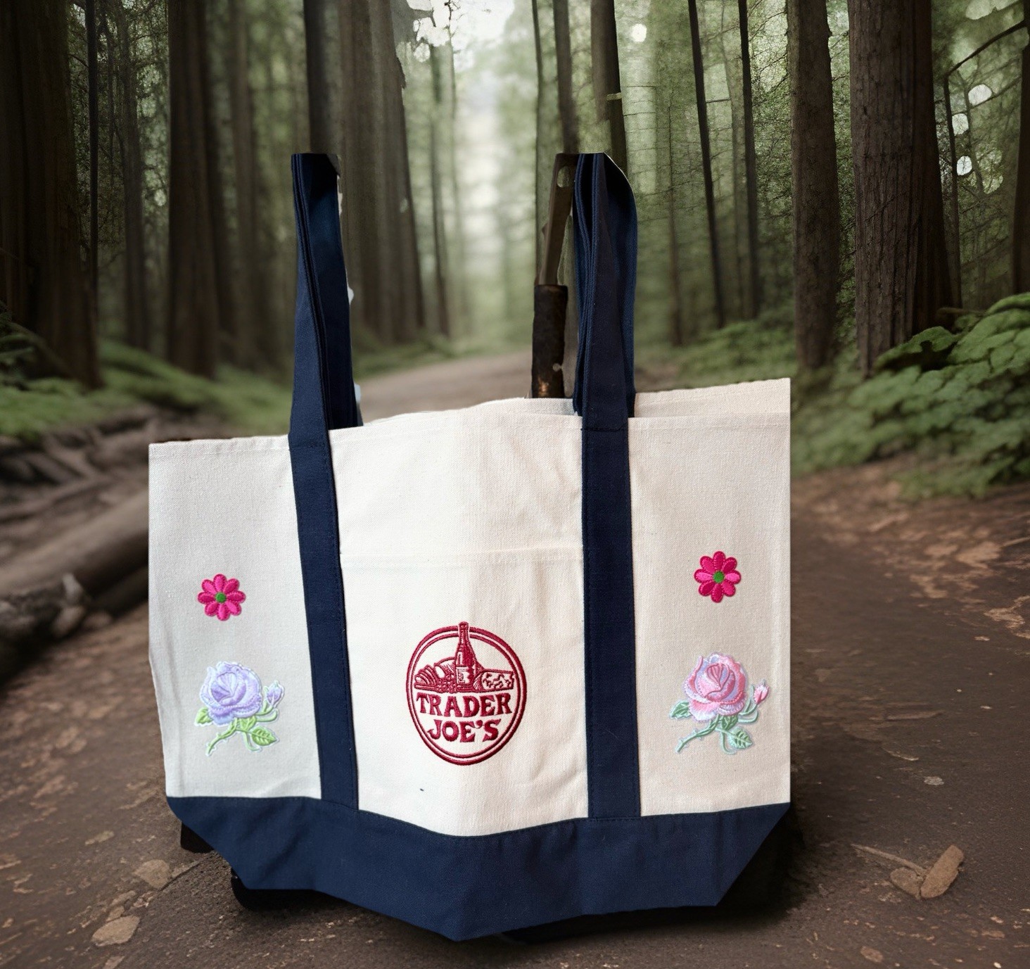 Trader Joe’s Embroidery Special 4 Roses 4 Flowers Large Eco Shopping Bag