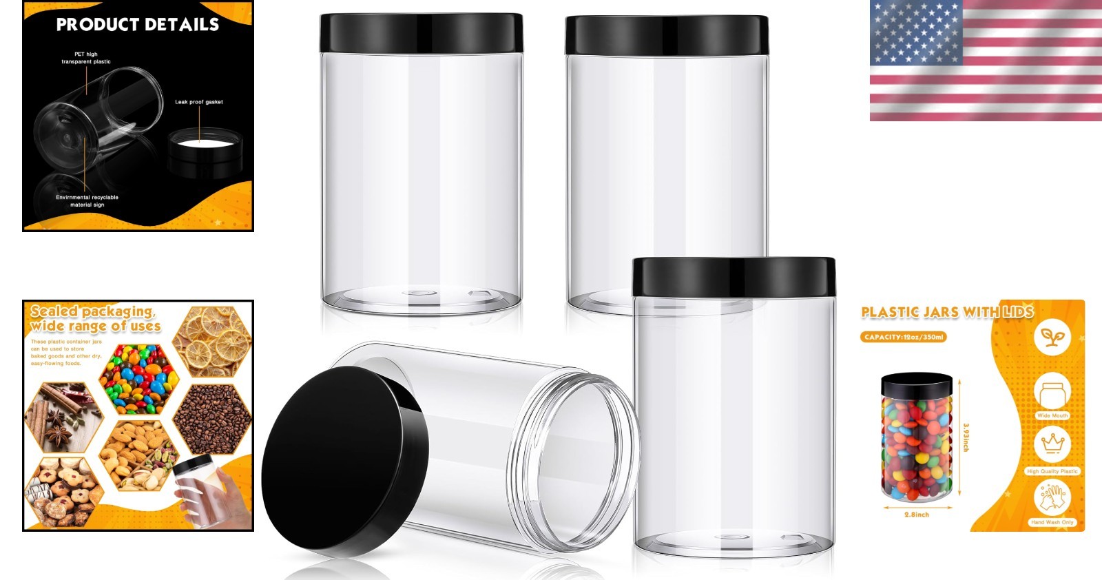 Set of 4 Leak Proof 12oz Wide-Mouth Plastic Jars with Lids for Beauty Essentials