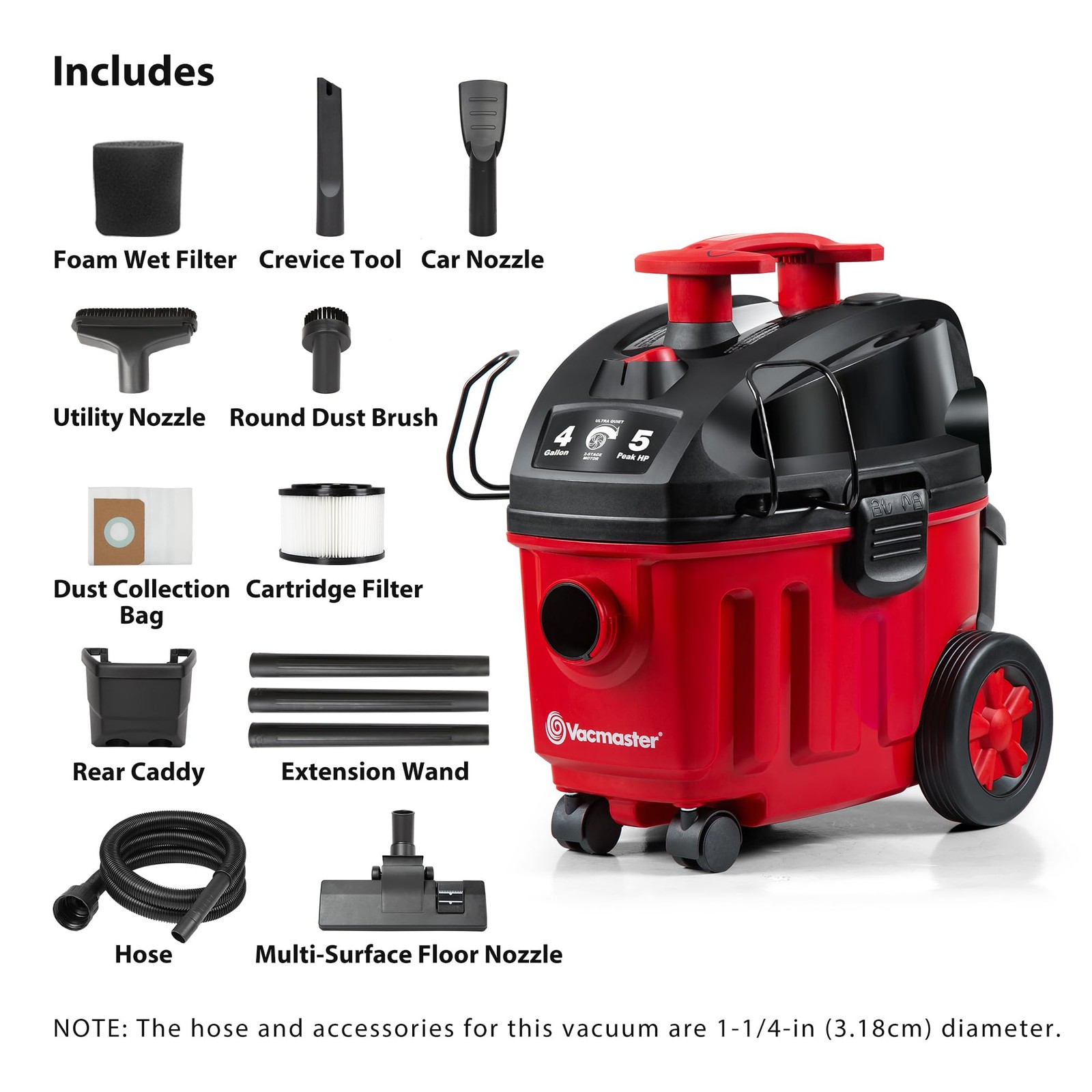 Household Wet Dry Vacuum 4 Gallon 5 Peak HP Powerful Motor 25 Ft Reach