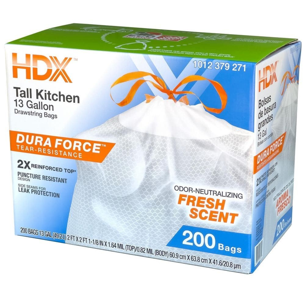 HDX 13 Gallon Reinforced Top Drawstring Fresh Scented Tall Kitchen Trash Bags wi