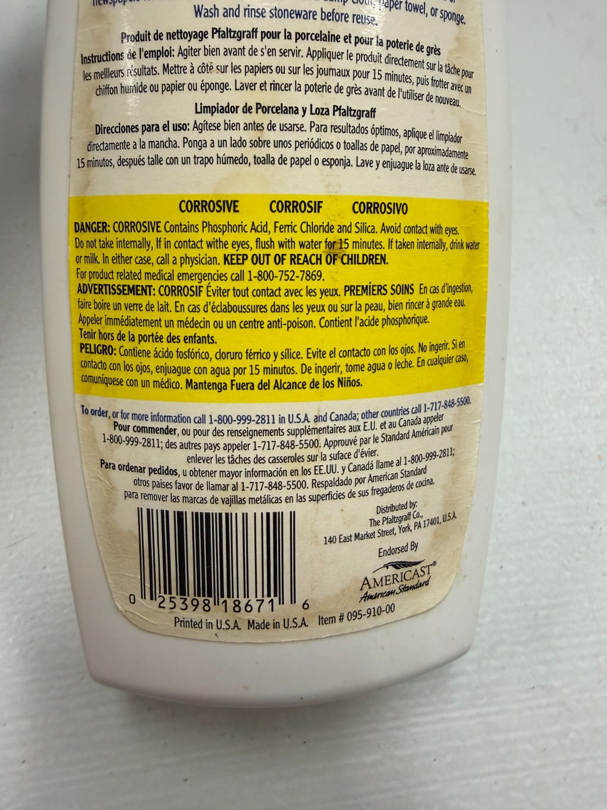 Pfaltzgraff Stoneware and Porcelain Cleaner 20 oz Unsealed Mostly Full