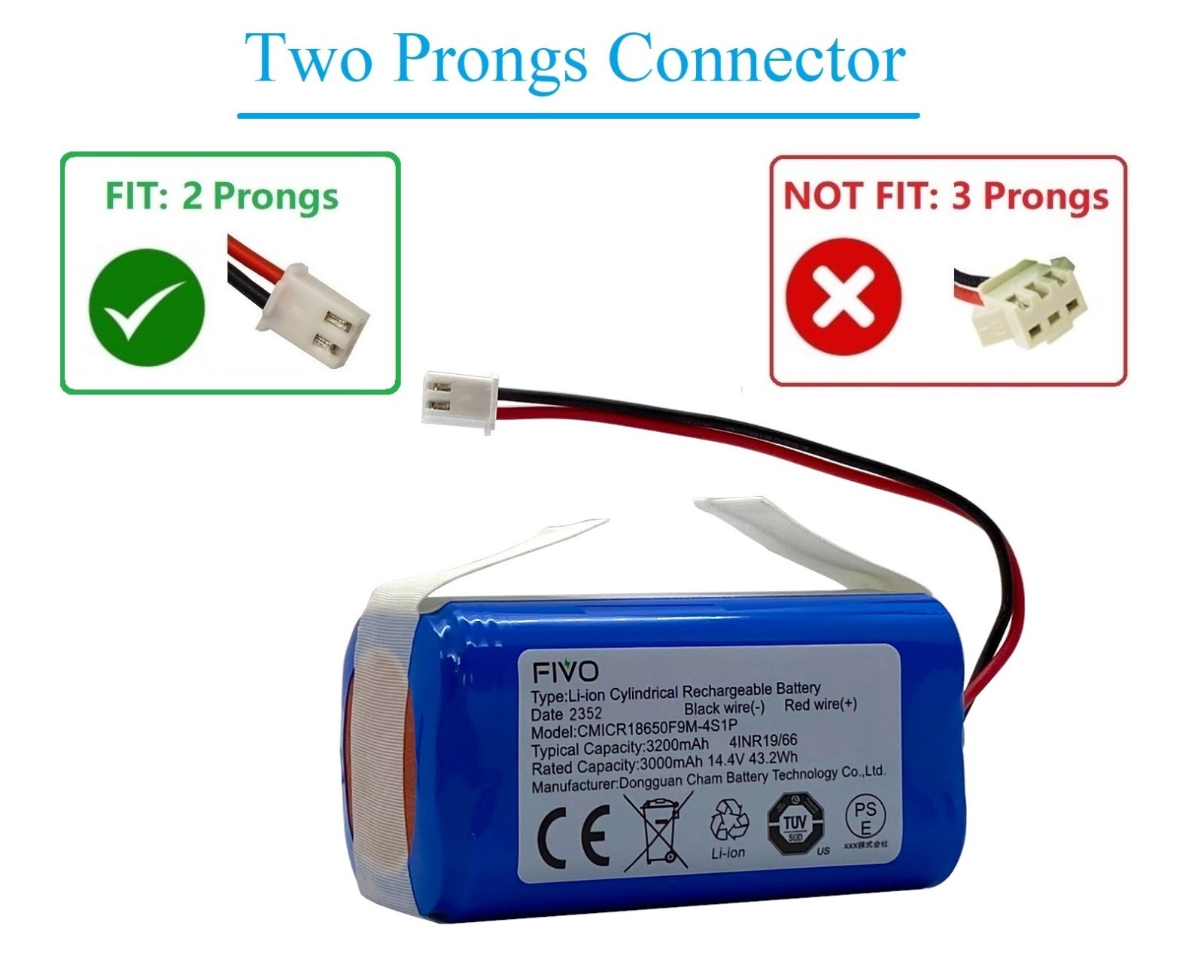 Replacement Battery for Shark Ion R75 RV85 RV850 RV750-N RVBAT850(2-prongs plug)
