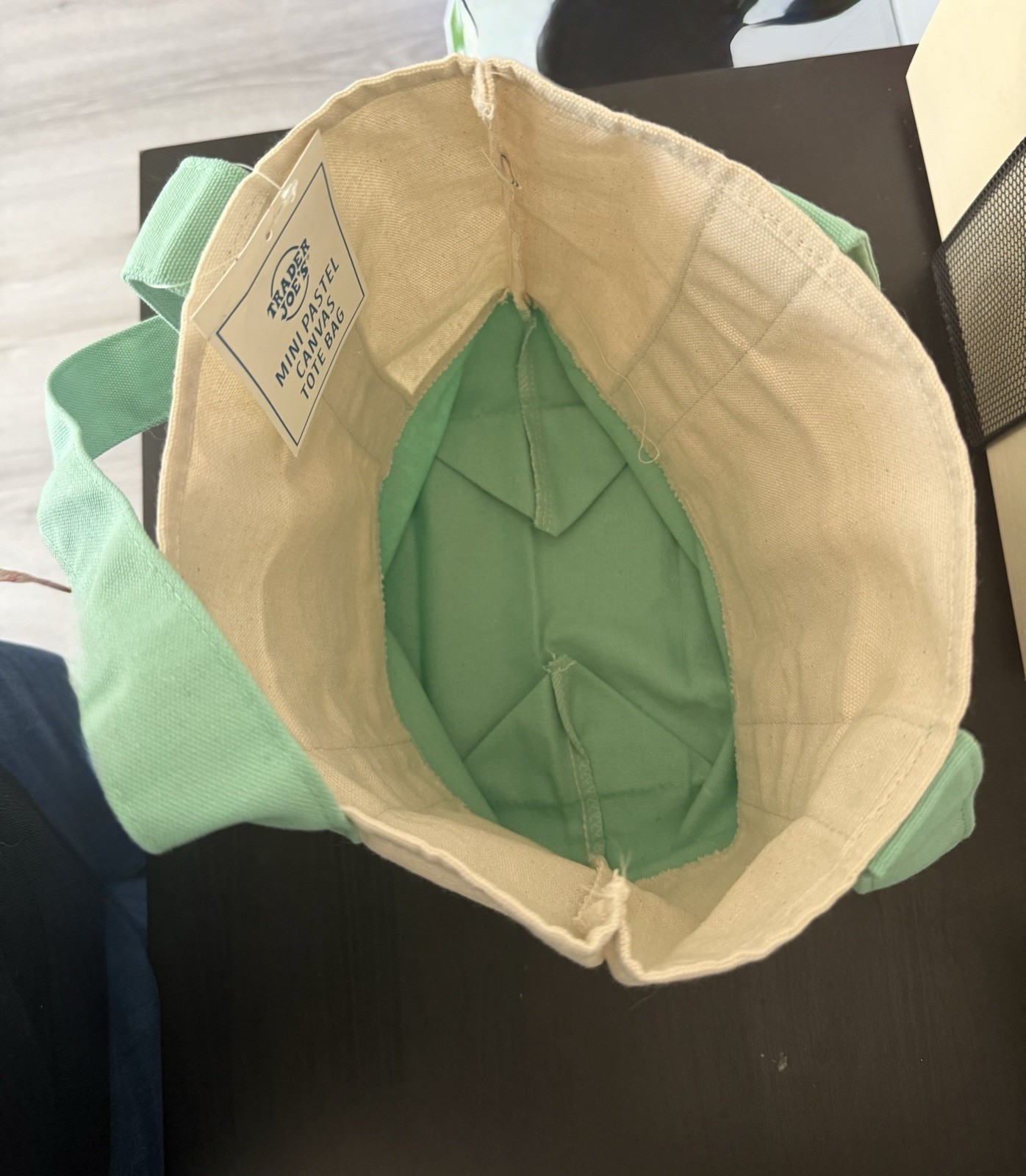 Trader Joe’s Mini Tote Bag Cotton Polyester Beige Mint Green Small