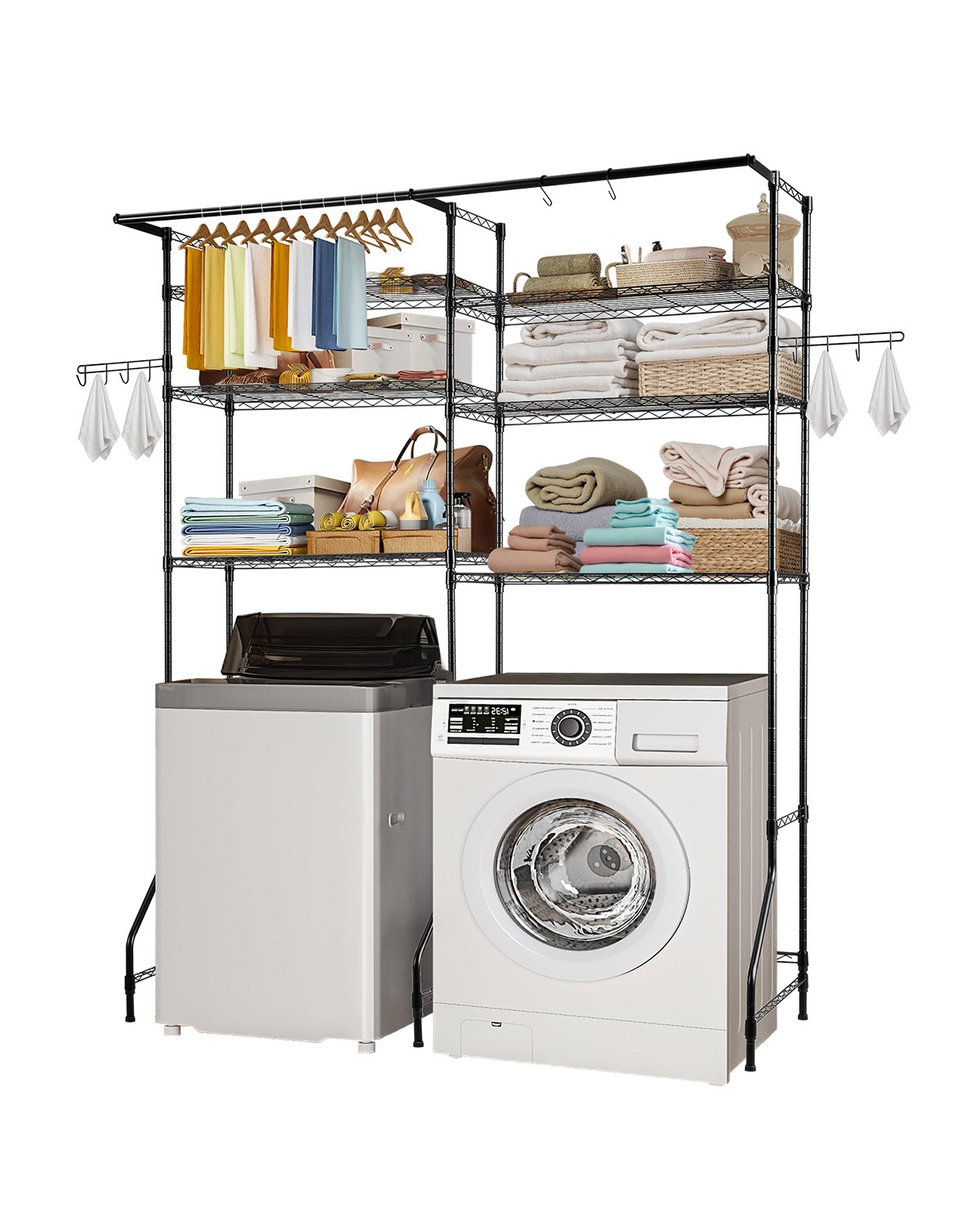 Over Washer and Dryer Storage Shelf Two Row 6 Tiers Washer Rack Black