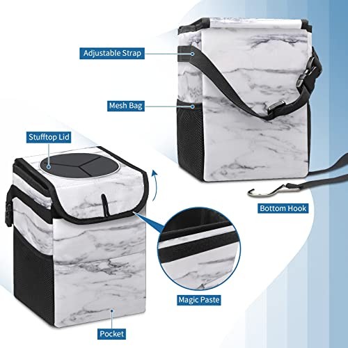 Black and White Marble Car Trash Can with Lid Collapsible Reusable Waterproof