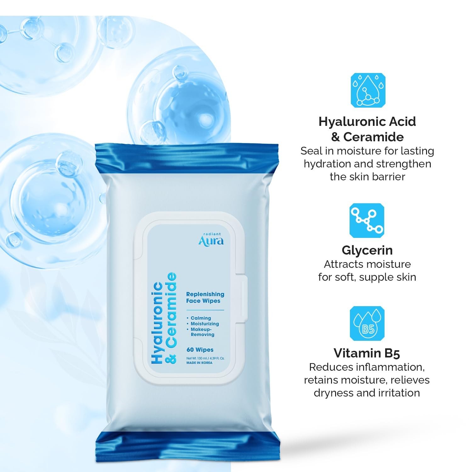 Radiant Aura Hyaluronic Acid & Ceramide Face Wipes – 240 Count