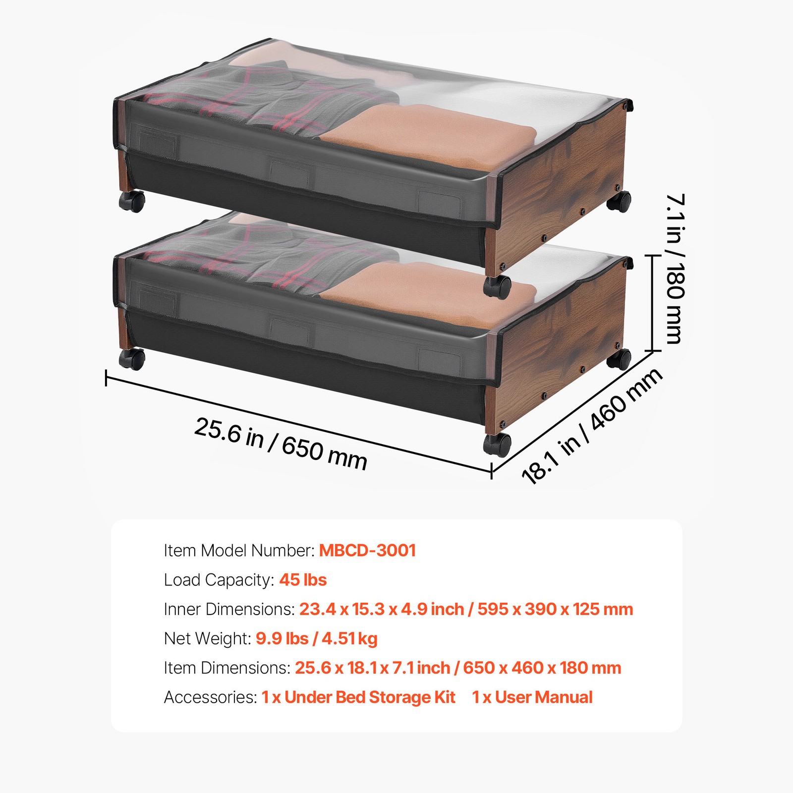 Uimoso Under Bed Storage w/ Wheels 25.6×18.1×7.1In Rolling Storage Bags 2 Pack